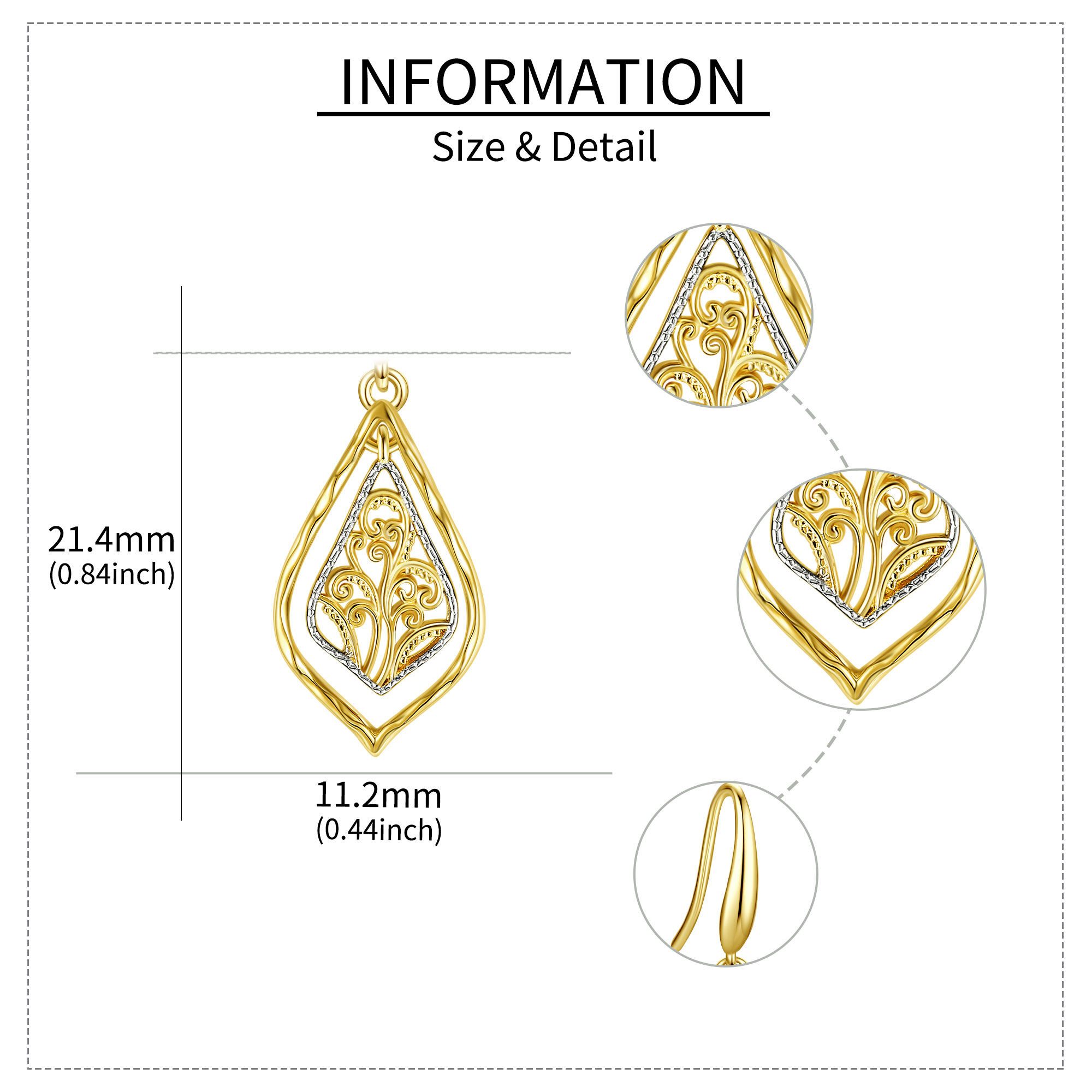 Women's 925 Sterling Silver Two Tone Filigree Dangle Earrings