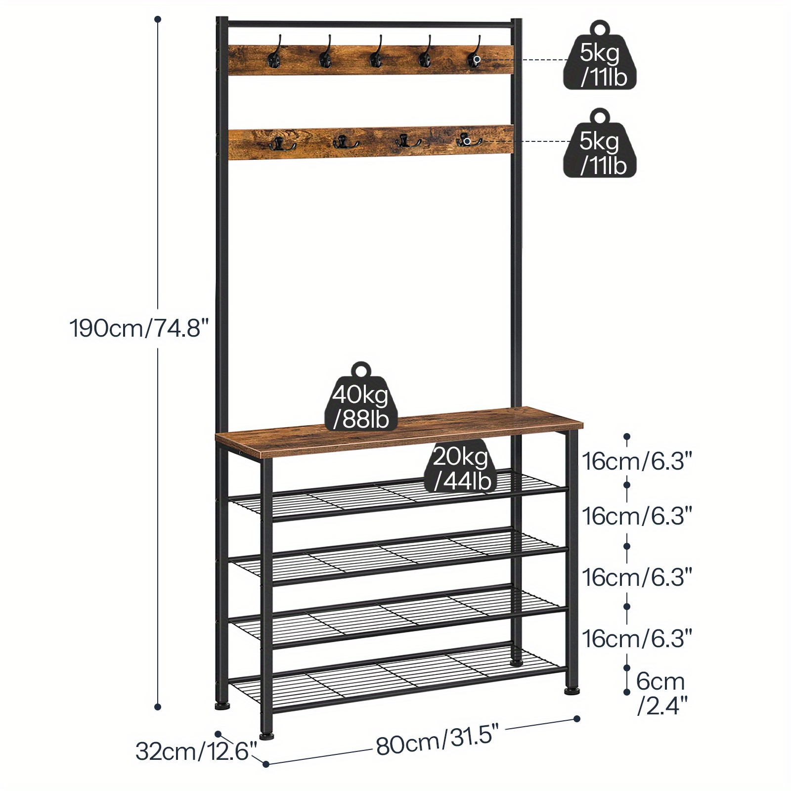 Rustic Brown & Black Free-Standing Coat Rack with 9 Hooks