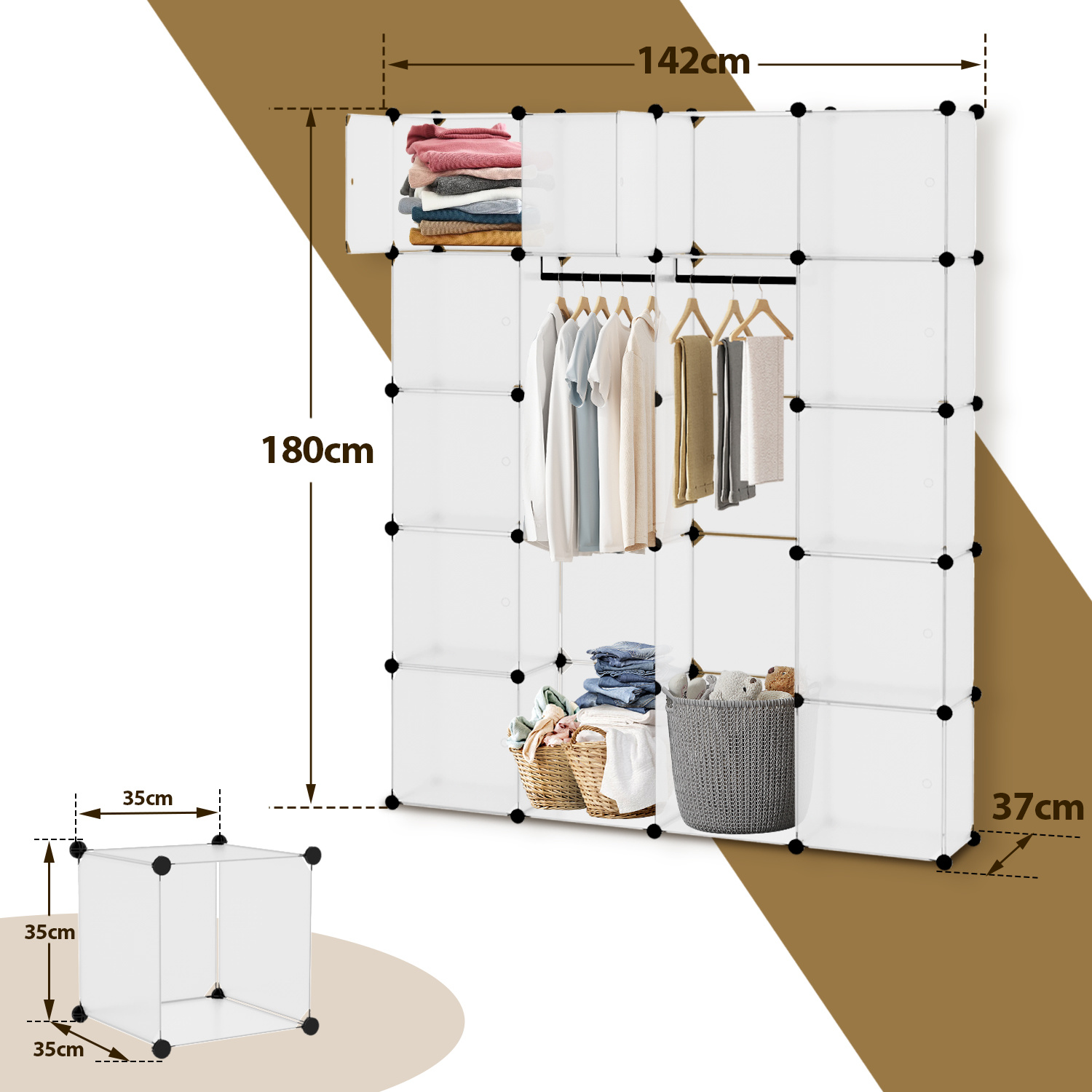 TEMU Armoire portable avec portes, étagère de rangement à 20 cubes, meuble de rangement pour vêtements, chaussures et livres, facile à assembler pour