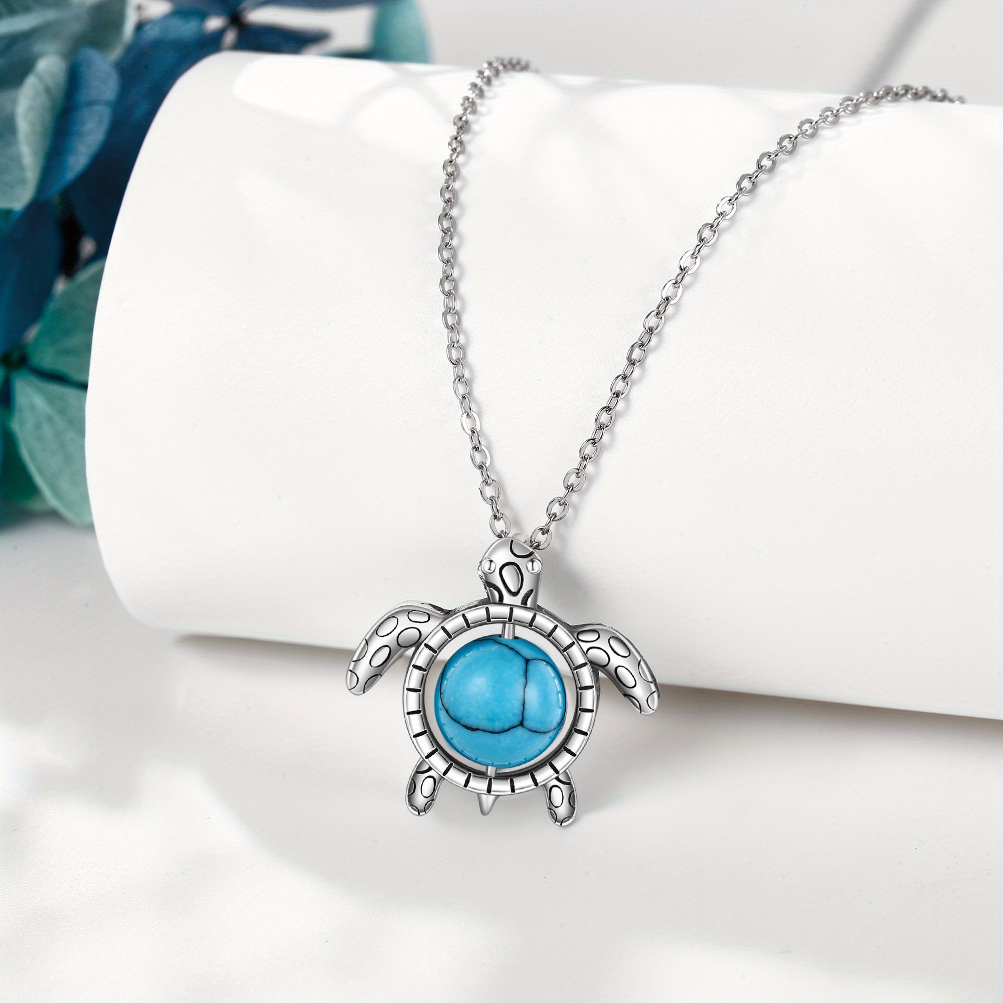 925 Sterling Silver Turtle Fidget Necklace with Turquoise