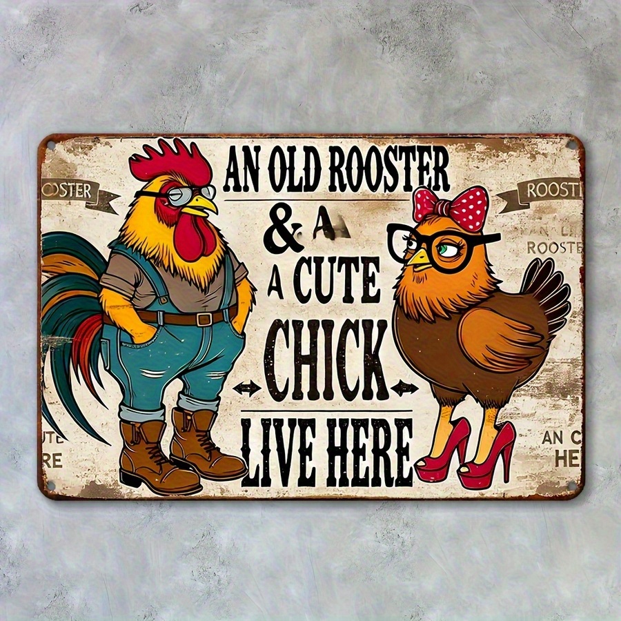 TEMU 2d Flat - 1pc Of Holiday Plaque Featuring A Rooster And Chick Metal Sign For Wall Mounting - Ideal For Retro Room Decoration