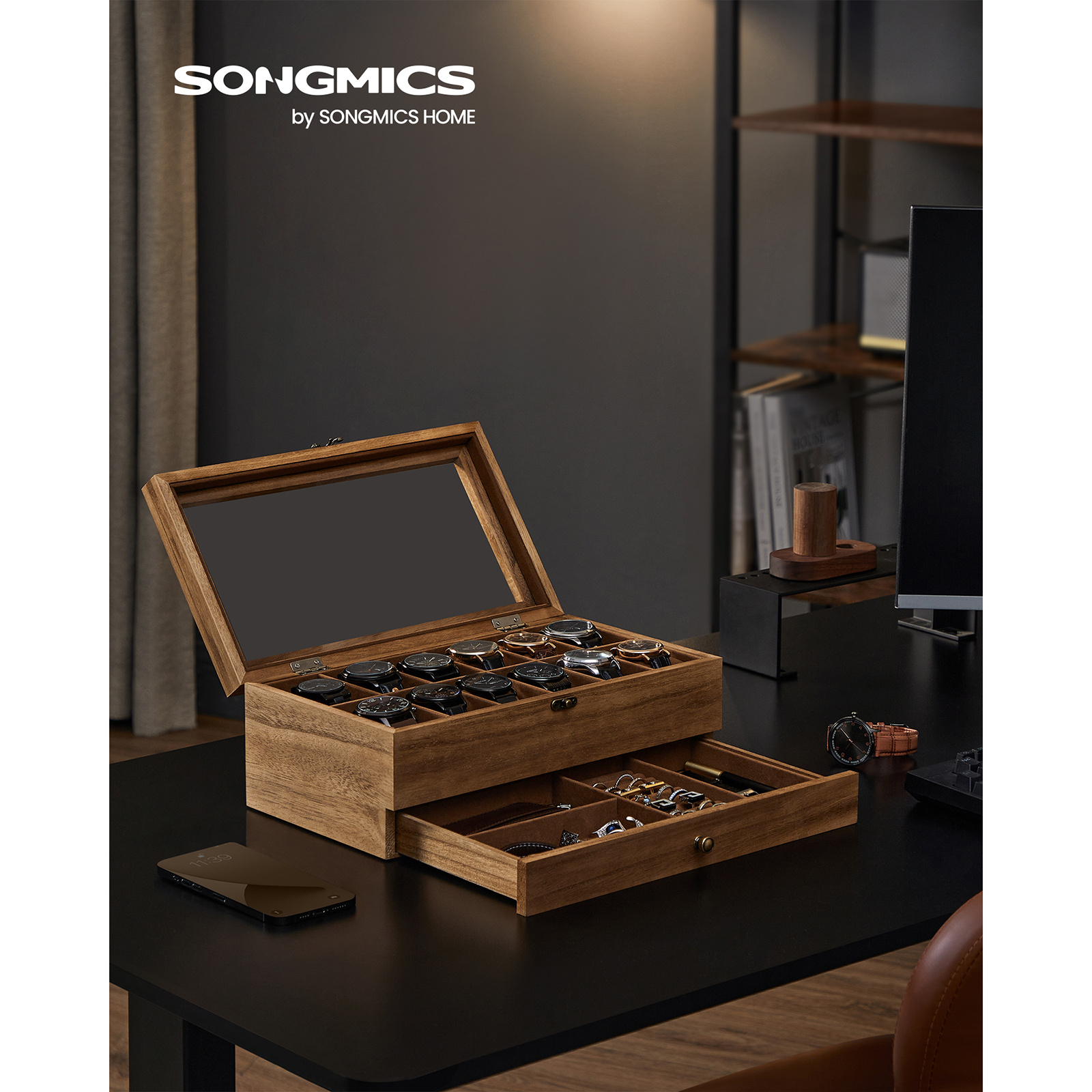 TEMU Scatola Elegante per Orologi in Legno da 12 Scomparti con in Vetro, in Velluto & Cuscini �� Regalo per gli Appassionati di Orologi, Soluzione di