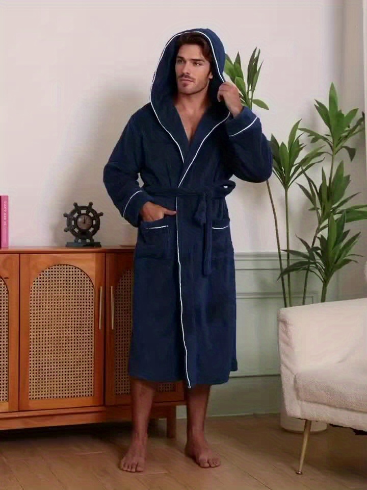1pc Men's Plush Hooded Robe with Pajama Jacket & Pants-like Design - Heavy-Duty Winter Robe, Belted Waist & Double Pocket - Machine Washable Luxury Sleepwear for Home, Spa, Lounge - Navy Blue (No Dry-Clean)
