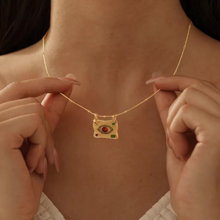 Vintage Boho Evil Eye Pendant Necklace for Women, 18K Golden Plated