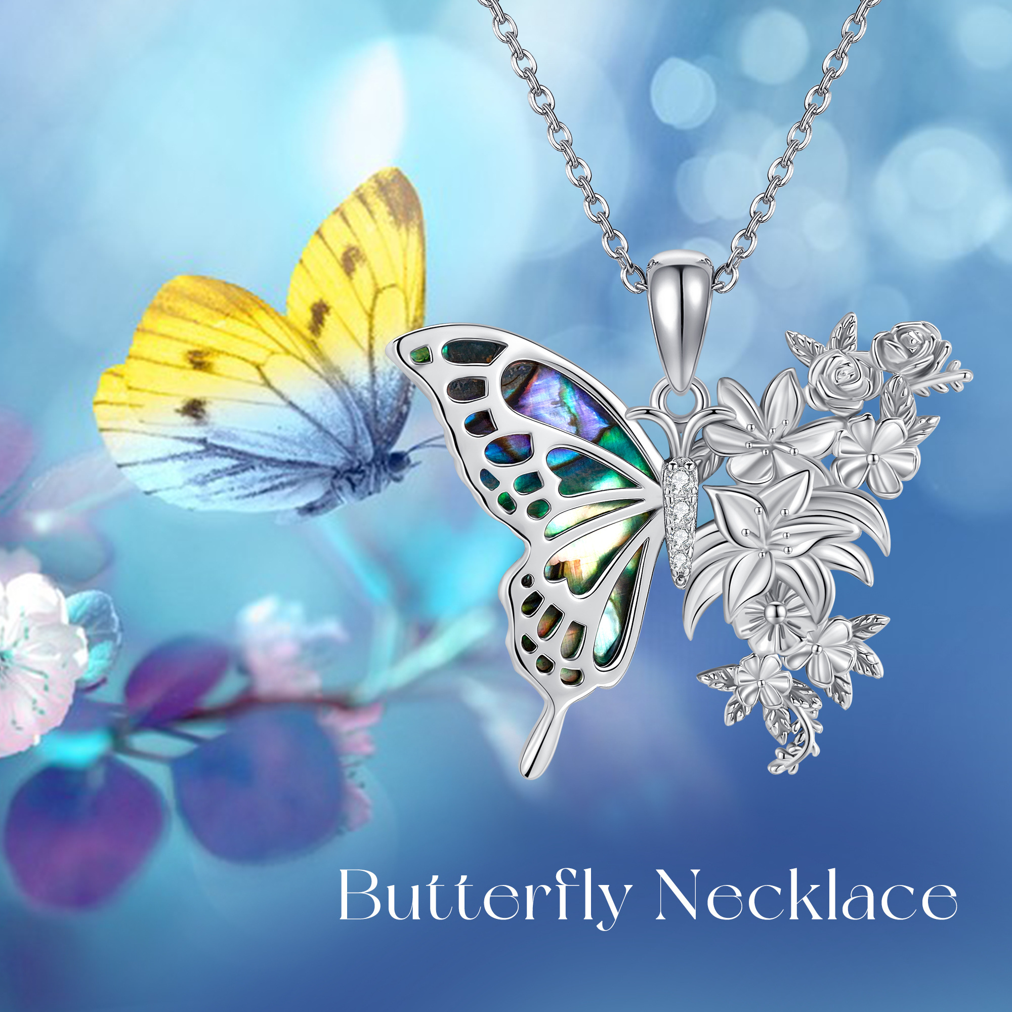Women's Butterfly Necklace with 925 Sterling Silver and Abalone Shell Flower Pendant