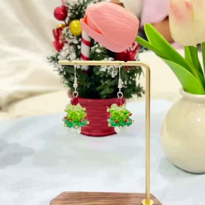Hand Beaded 3D Christmas Tree Earrings with Crystals