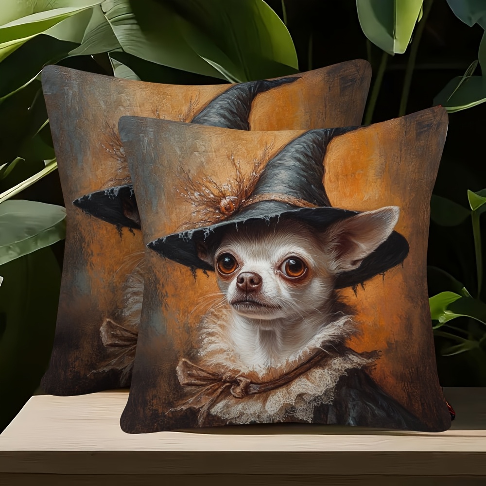 2pcs 18x 18 inch halloween chihuahua witch dog pattern double sided printed super soft short plush pillow case with zipper machine washable suitable for sofa bed car living room decoration without   fun cushion cover 2pcs 18x18inch pillow covers perfect gifts for men women wyc Product details 0
