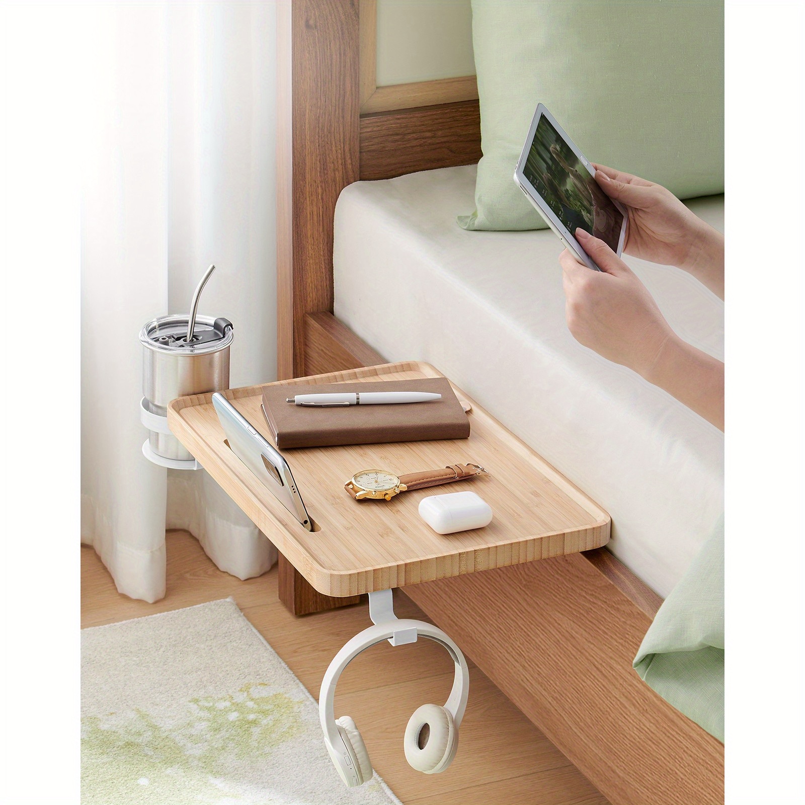 Bedsideshelf, Bedsidetableforhanging, Shelfforbunkbed, Slotformobilephonecellphone, Swivelcupholderhook, Adjustableclamps, Fordormitoryroom, Naturalbeige