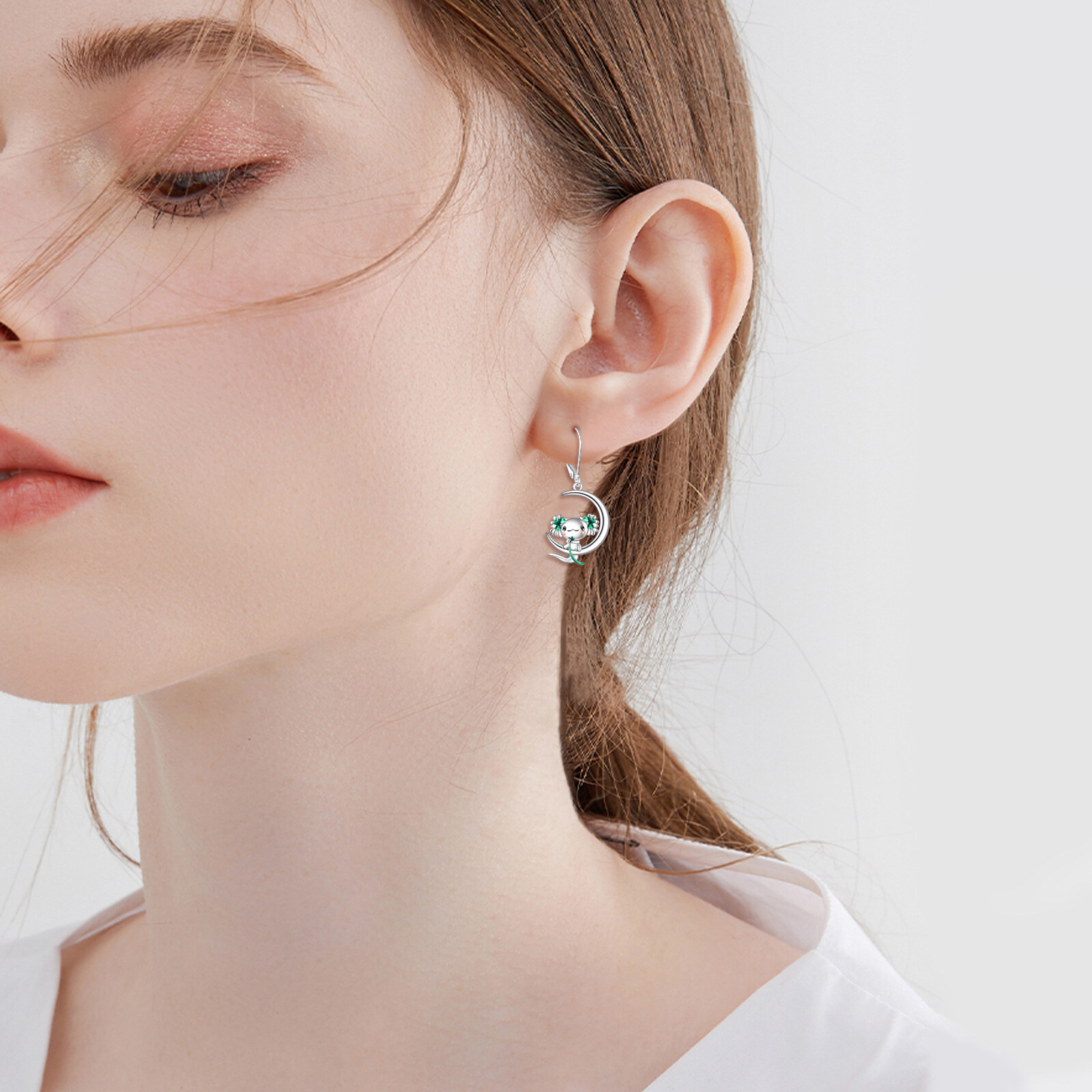 Women's 925 Sterling Silver Axolotl Moon Drop Earrings, Christmas Gift