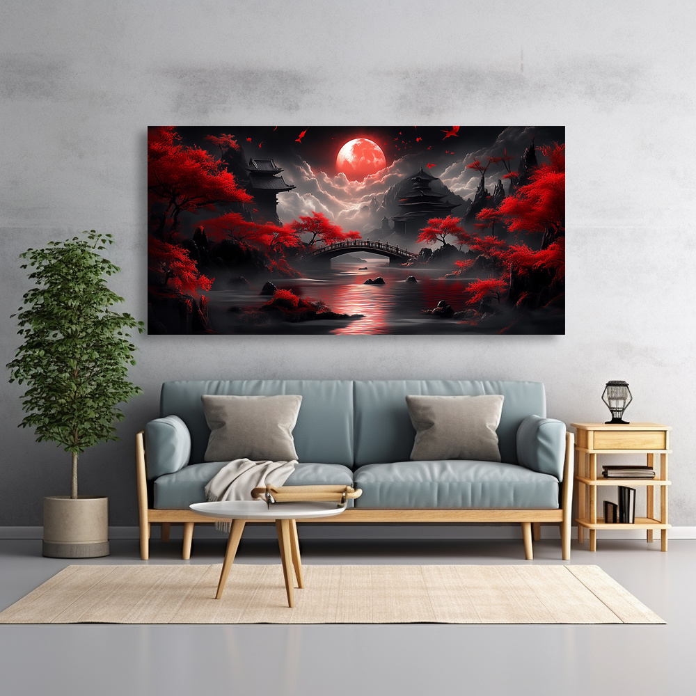 2D Flat, 2D Flat, Framed Canvas Artwork Featuring a Red Moon And Pagoda, 1.5-Inch Frame, Ideal for Decorating Bathrooms, Living Rooms, Kitchens, Bedrooms, And Offices with High-Quality Modern Prints