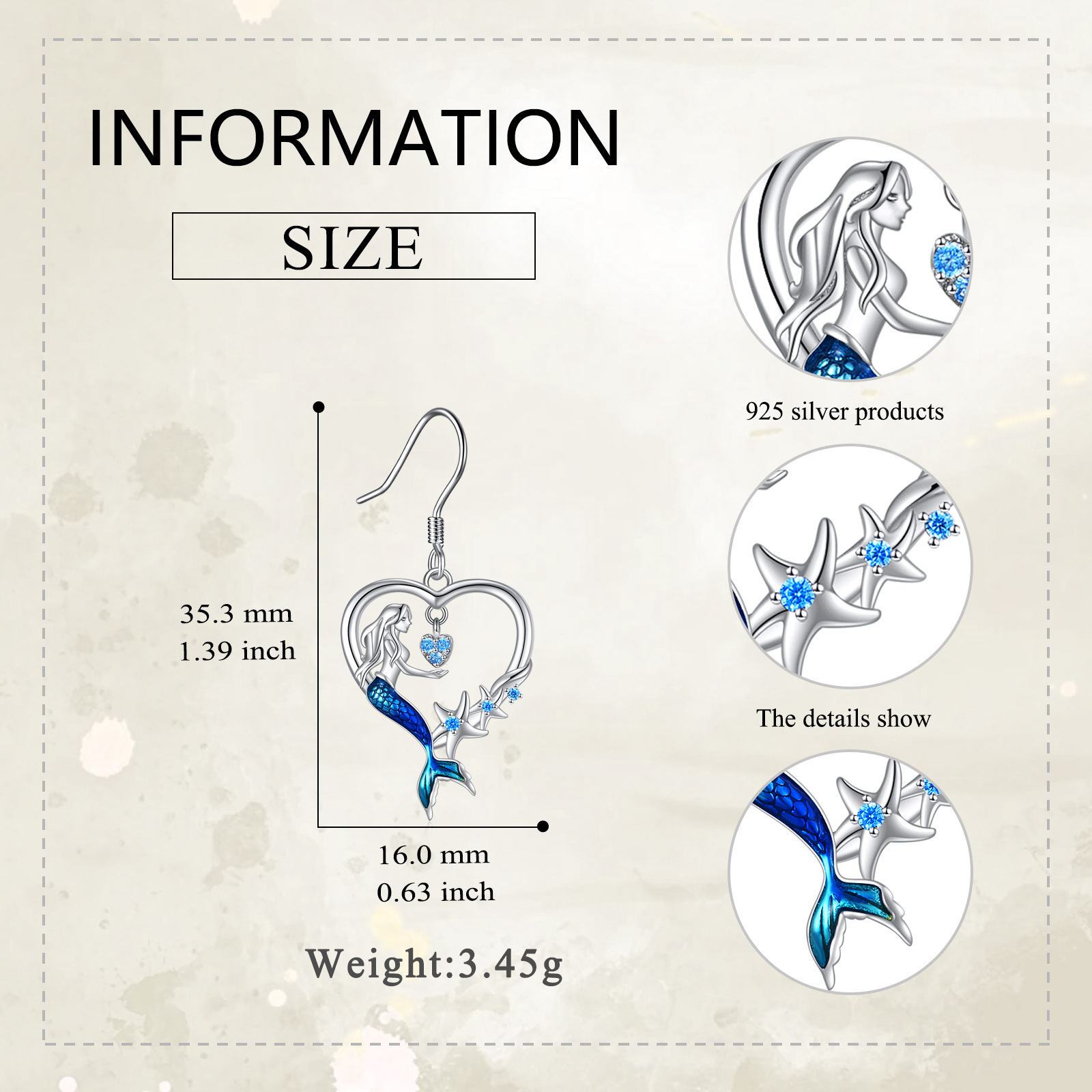 Mermaid Earrings 925 Sterling Silver Heart Starfish Earrings