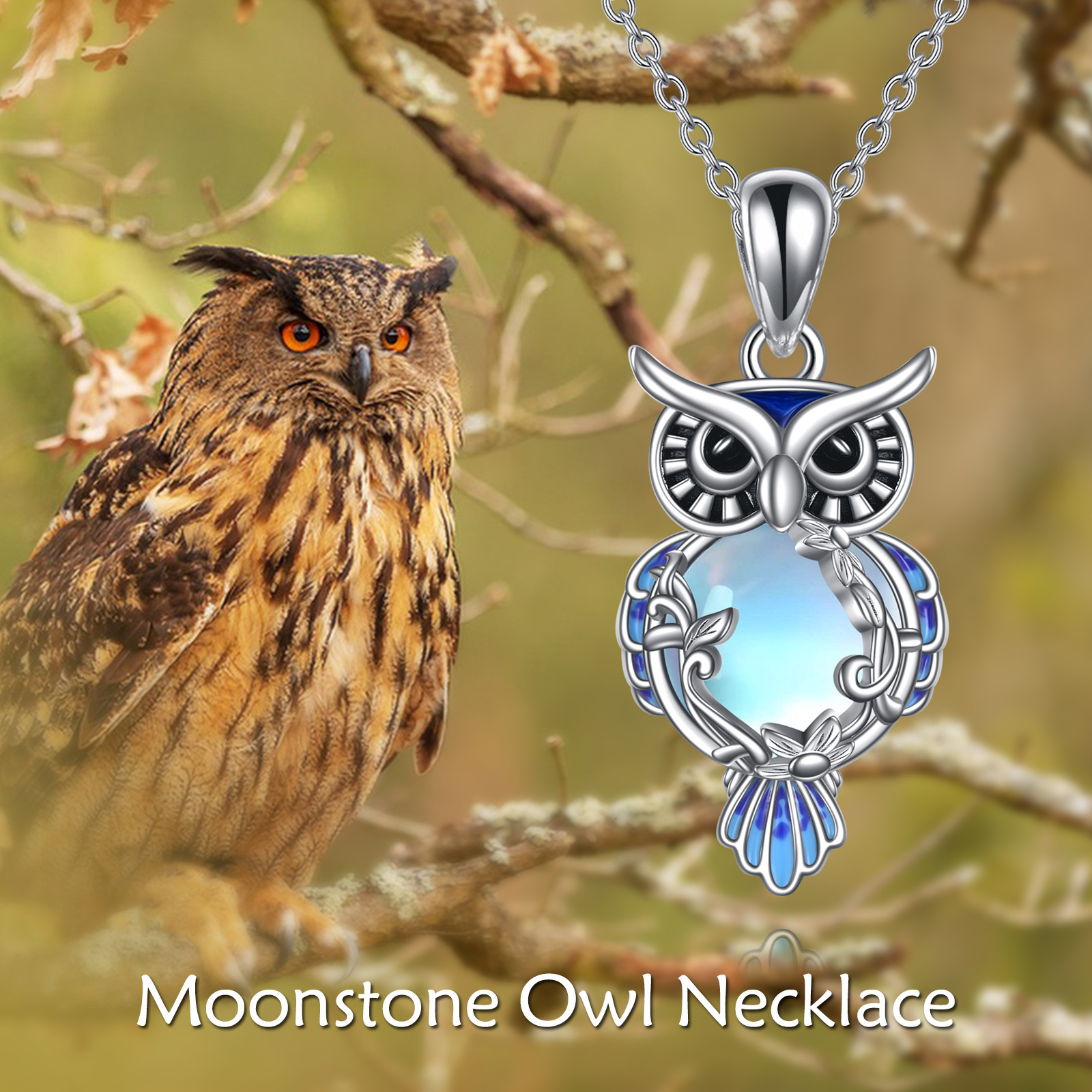 Sterling Silver Moonstone Owl Pendant Necklace