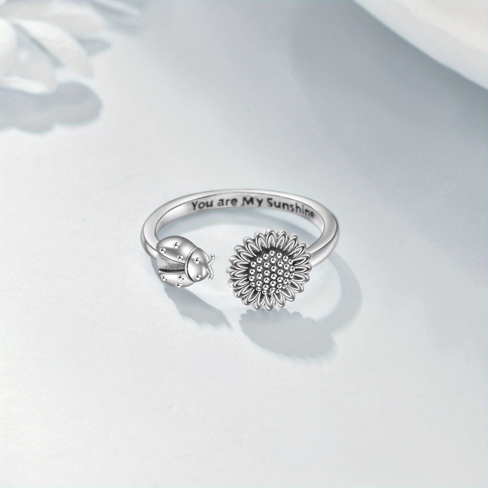 Sunflower Ladybug Ring Vintage Sterling Silver Adjustable