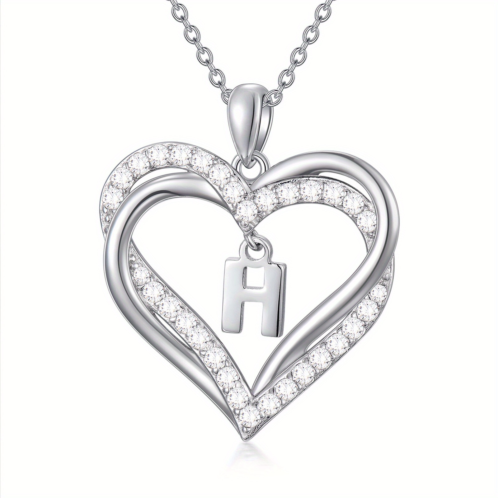 925 Silver Double Heart Initial Necklace Women