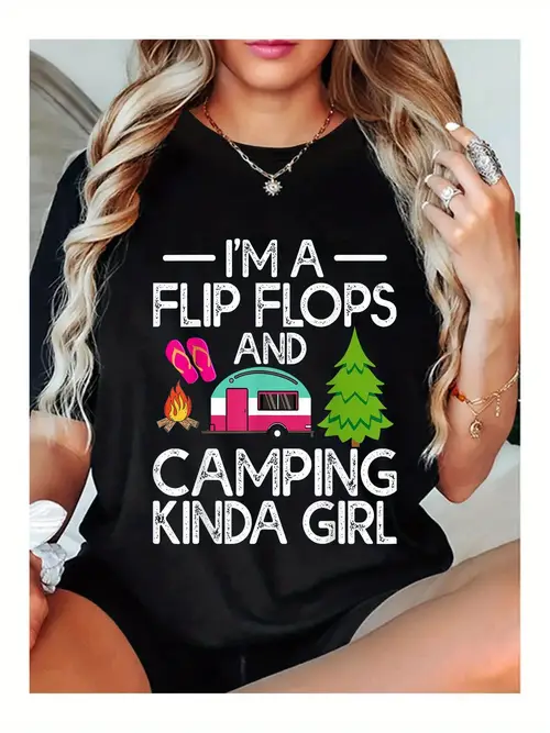 womens im a flip flops camping graphic t shirt soft 100 short sleeve tee with rv tree campfire design casual round neck top for camping enthusiasts