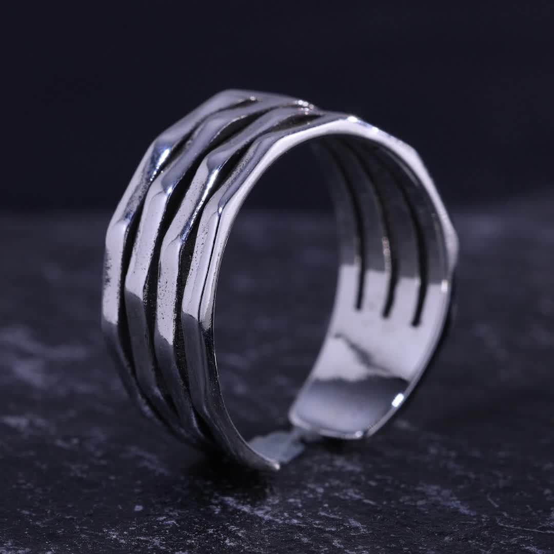925 Pure Silvery Wide Face Ring for Women, Adjustable Retro Irregular Layer Ring