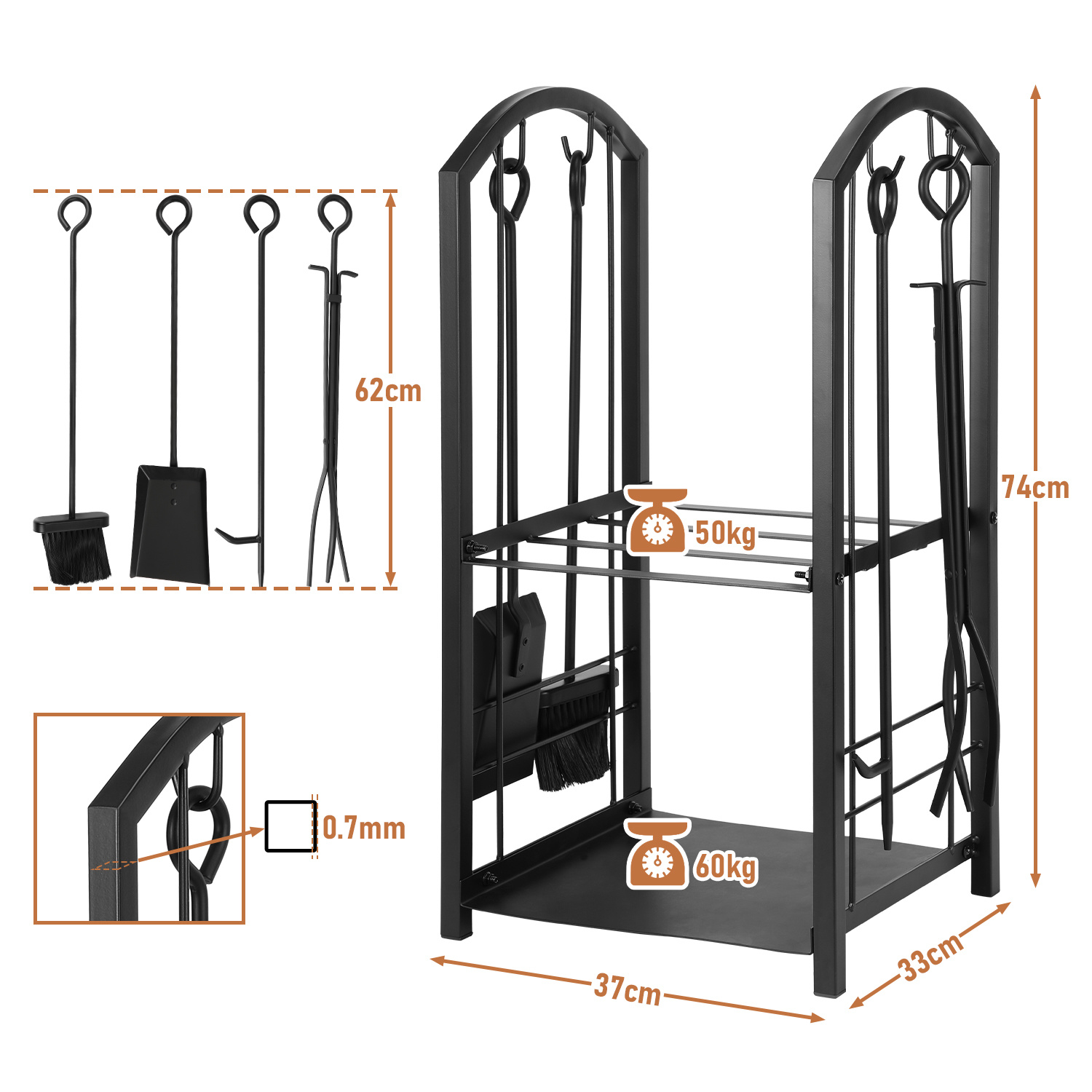 Image of 37 X 33 X 74cm Two-tier Firewood Rack, With 4pcs Fireplace Tool Set; Suitable For Indoor And Outdoor Use As A Firewood Storage Rack