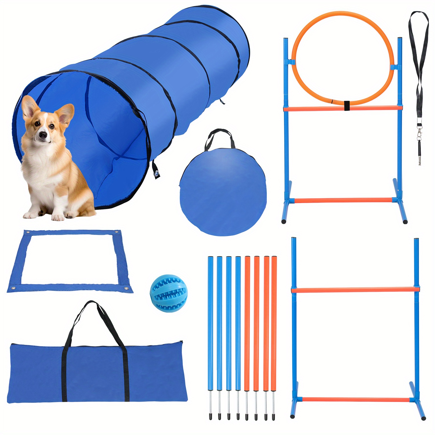 Image of Pet Agility Set, Dog Agility Set, 5 Pieces Of Dog Agility Equipment, , Agility , Jumping Hoops And Dog Tunnels For Use And Garden.
