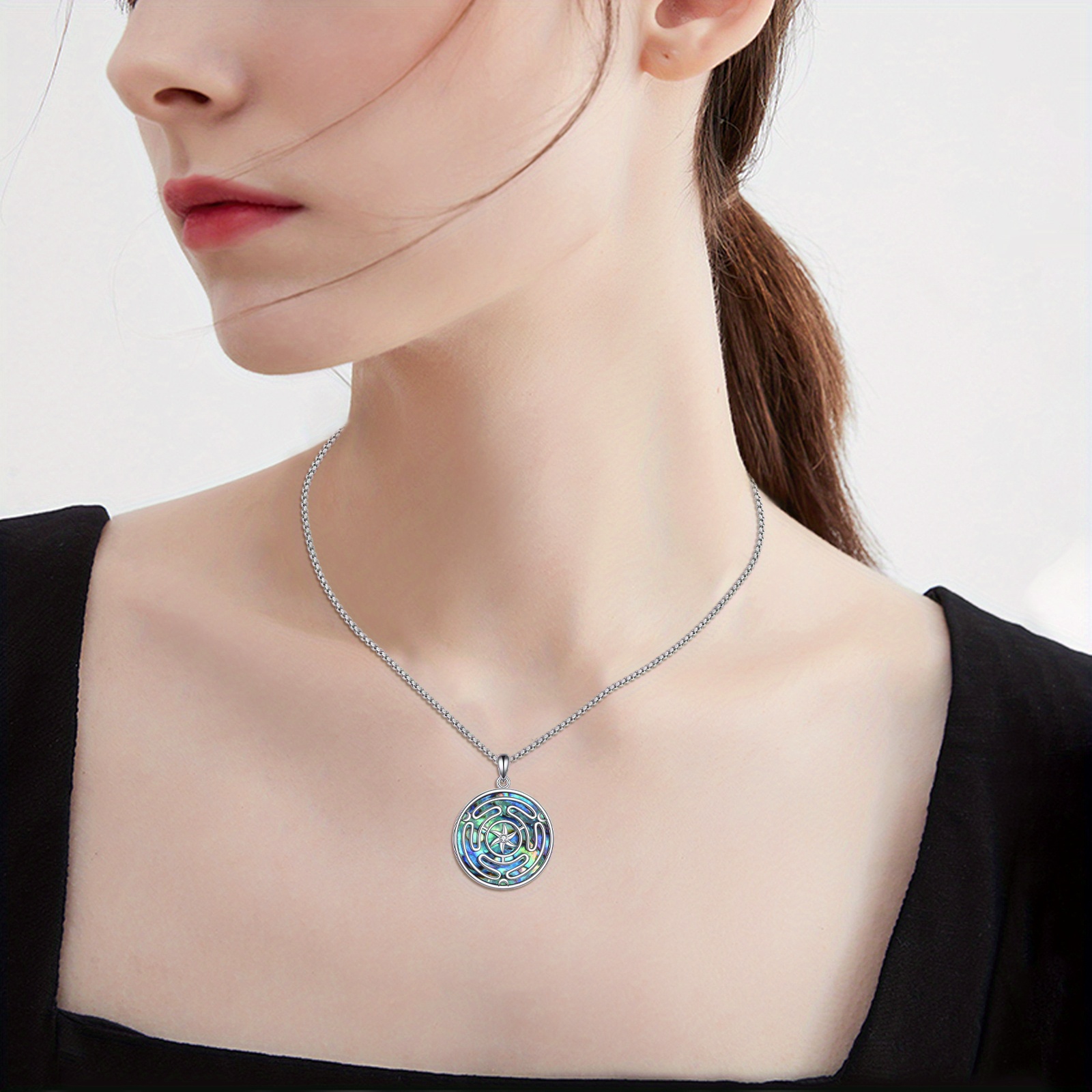 Women's Sterling Silver Hecate Wheel Necklace with Abalone