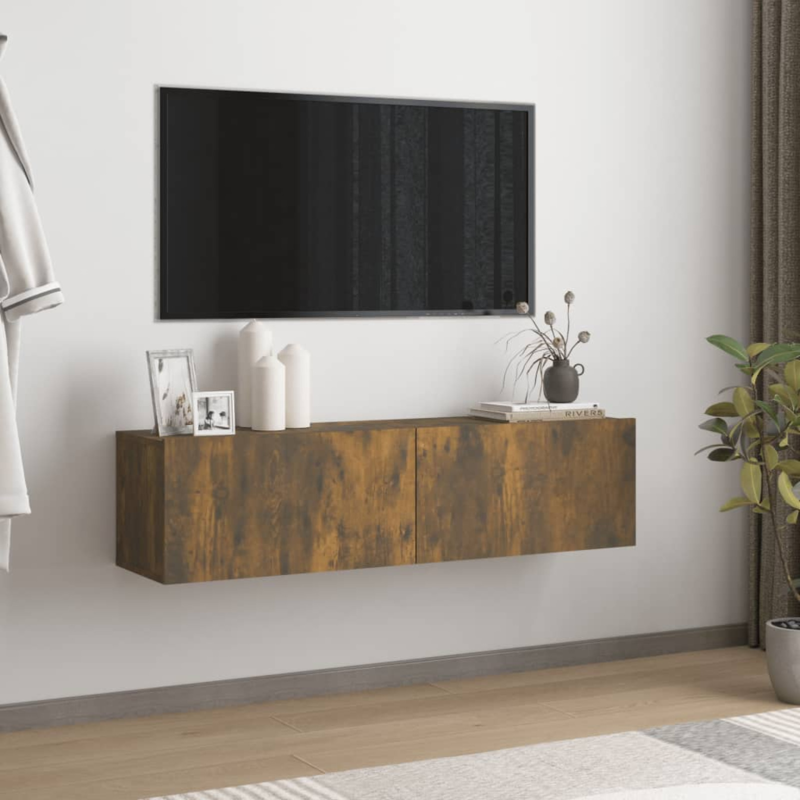 

Rustic Smoked Oak Wall-mounted , 120x30x30cm - Wood, Distressed , Spacious Interior With Multiple Compartments For System, Wallmounted Console|rustic |smoked Oak Appearance, For Living Room