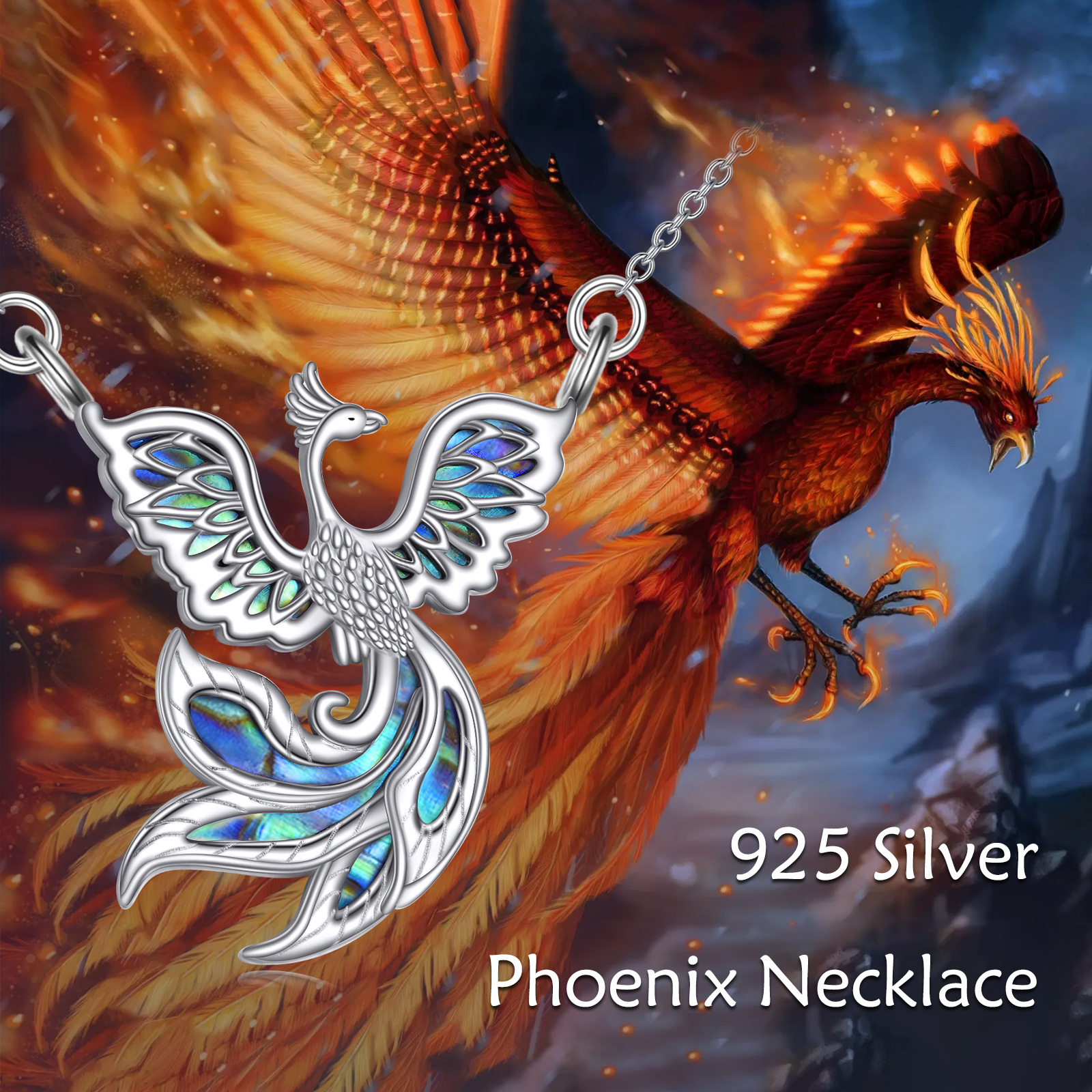 YFN Phoenix Necklace Silver Phoenix Pendant Abalone Shell Phoenix Jewelry