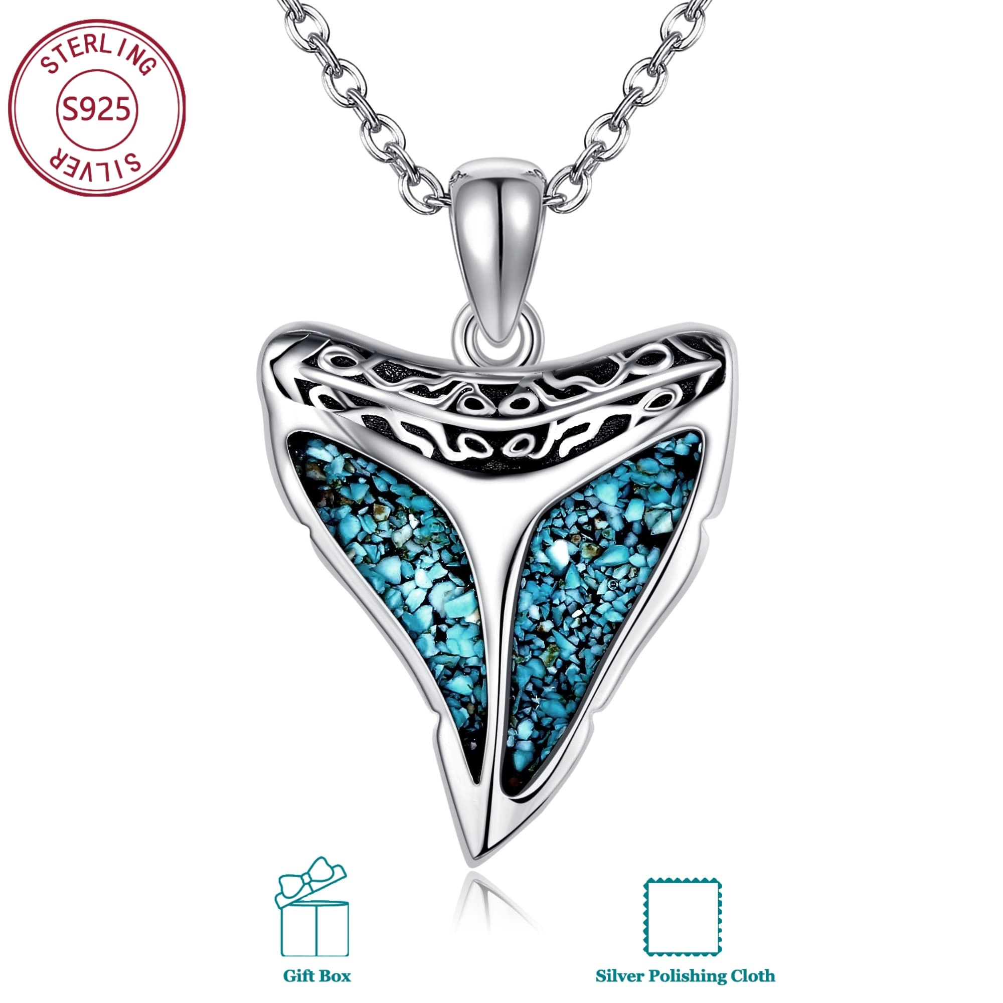 Image of 925 Sterling Silvery Necklace For Women Elegant Shark Pendant With Synthetic Turquoise Accent Jewelry Perfect For Daily Wear Unique Gift For And