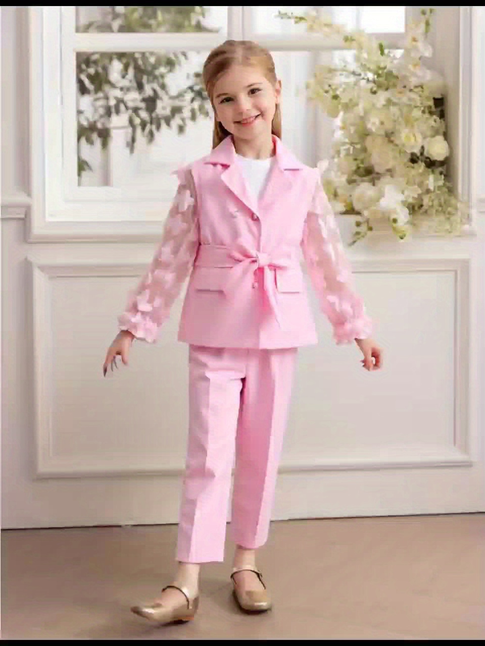2pcs Girls' Butterfly Blazer and Solid Color Pants Set