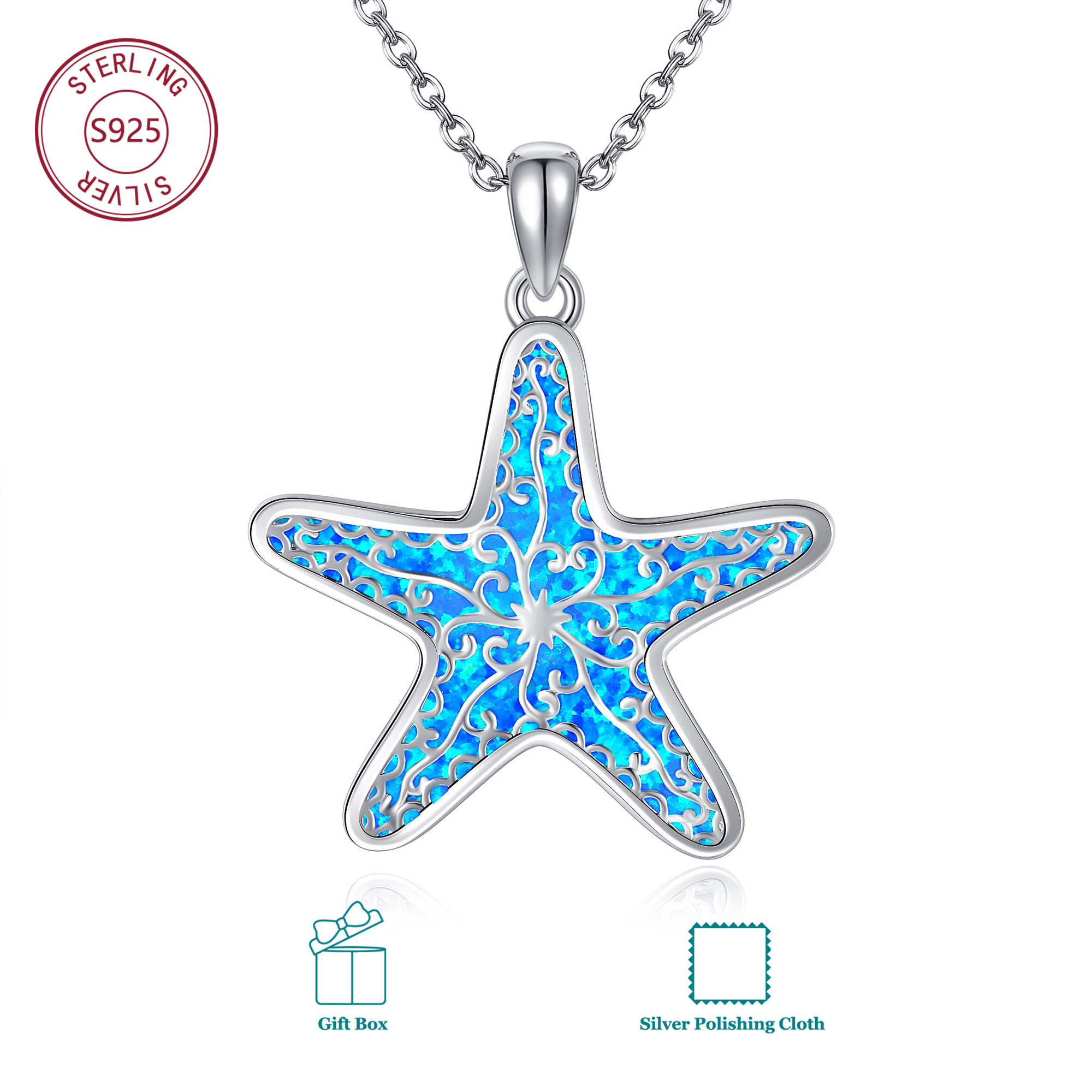 Image of A Necklace Featuring A Starfish Pendant Made Of 925 Sterling Silver, With Synthetic Opal, Perfect For A Marine-themed, Elegant Daily Wear For Women