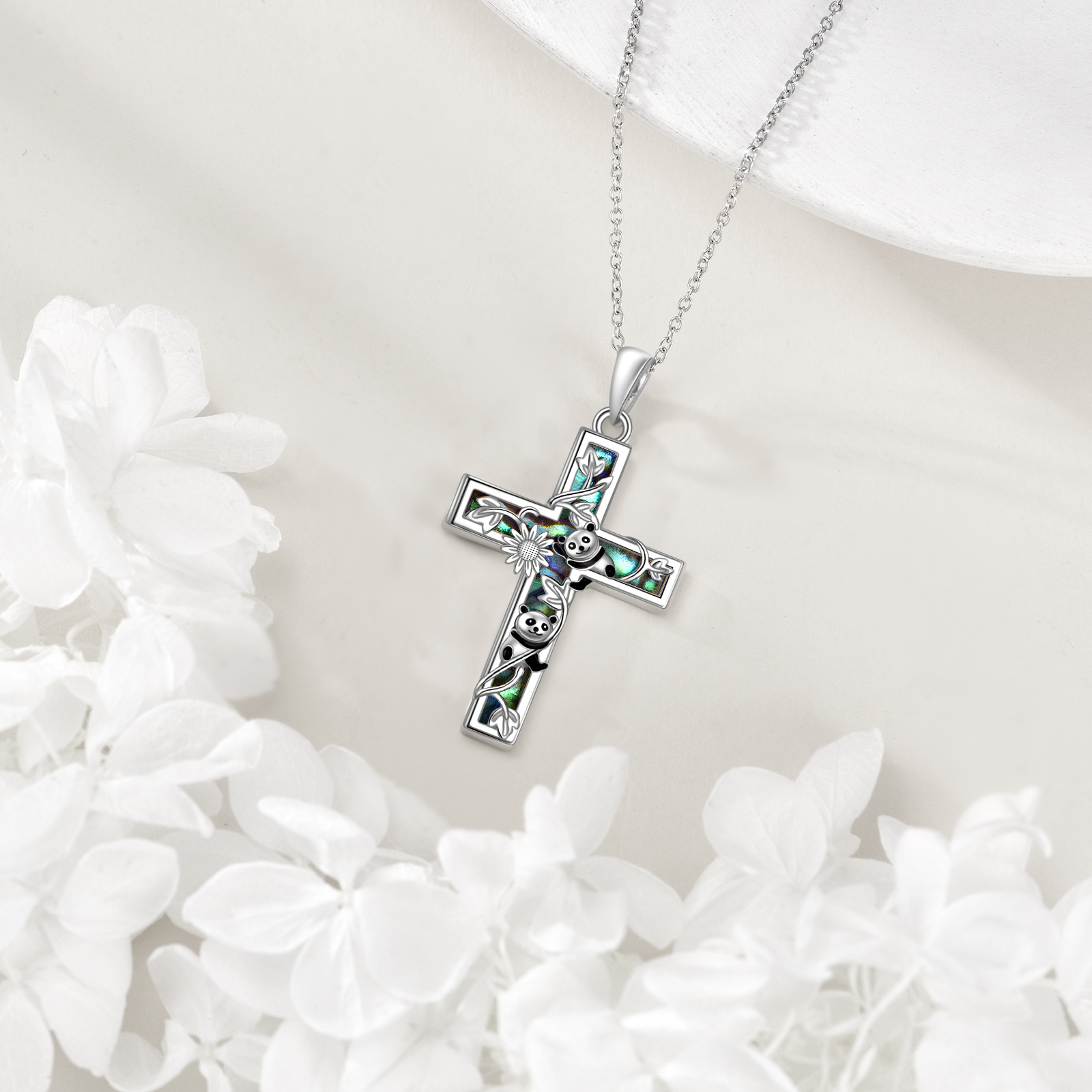 Sunflower Cross Necklace Sterling Silver Abalone Shell