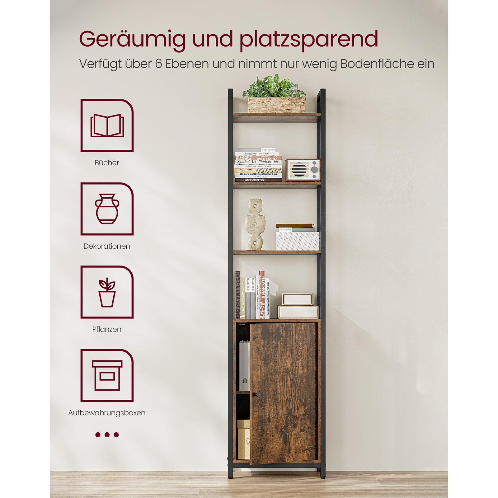 E-shop 6-stufige Bücherregal, Hohe Bücherregal Mit Tür, Metallrahmen, Verstellbare Regale, 24 X 40 X 159,5 Cm, Wohnzimmer Schlafzimmer, Schwarz Und