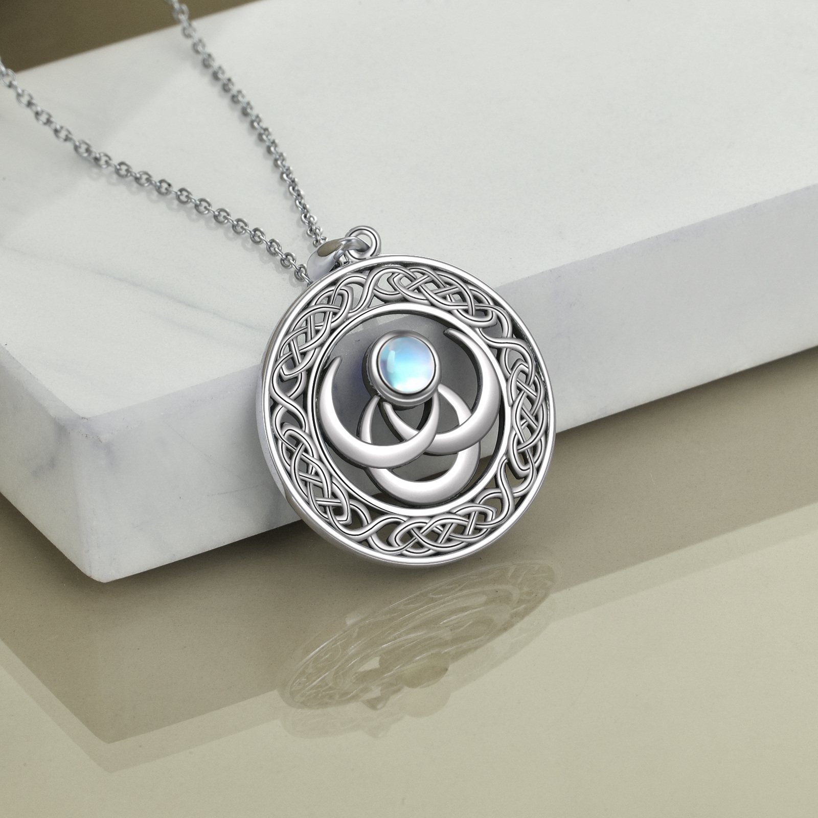 Moonstone Triple Moon Goddess Necklace Sterling Silver