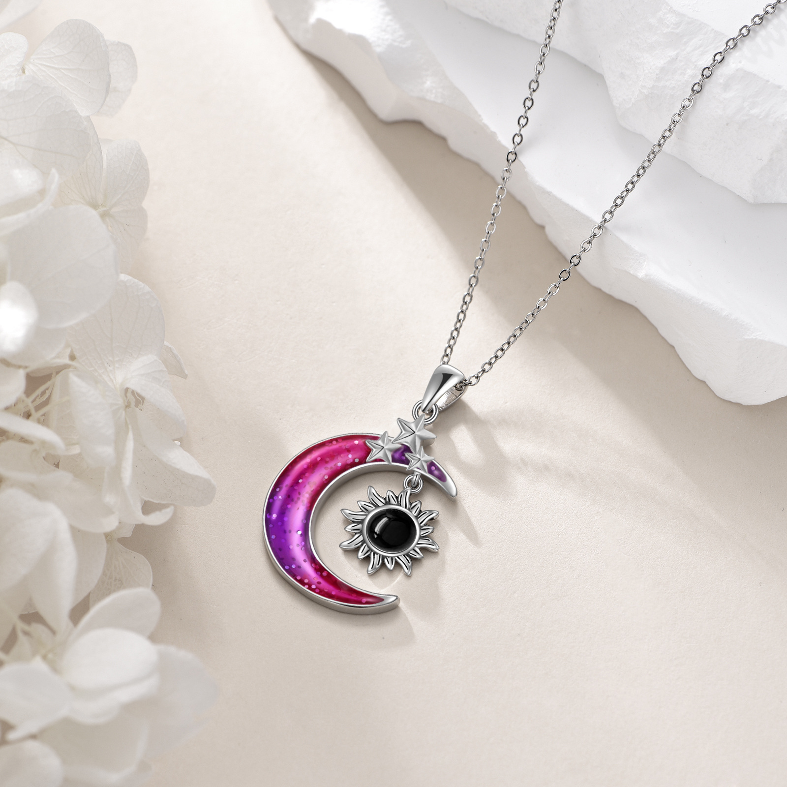 Women's 925 Sterling Silver Moon Sun Star Necklace with Black Agate
