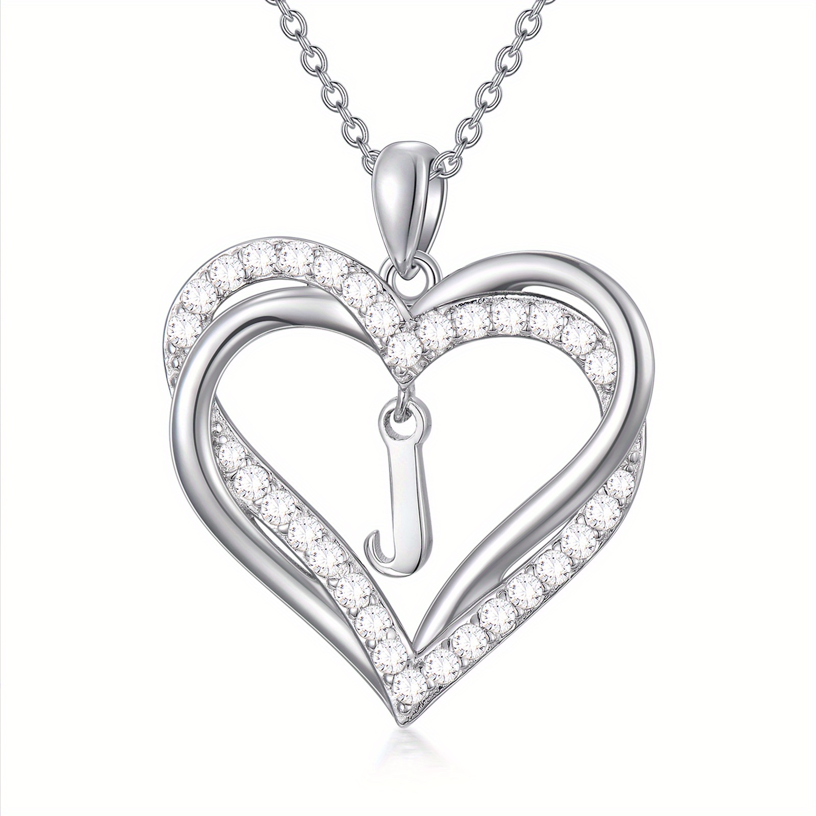 925 Silver Double Heart Initial Necklace Women