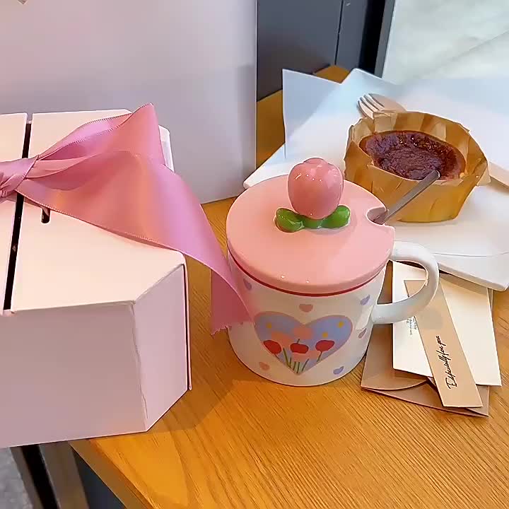 Tulip Ceramic Mug With Lid Spoon Straw Floral Cute Water Cup - Temu