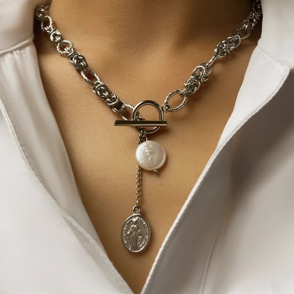 Stainless Steel Necklace with Baroque Pearl Pendant Vintage Style