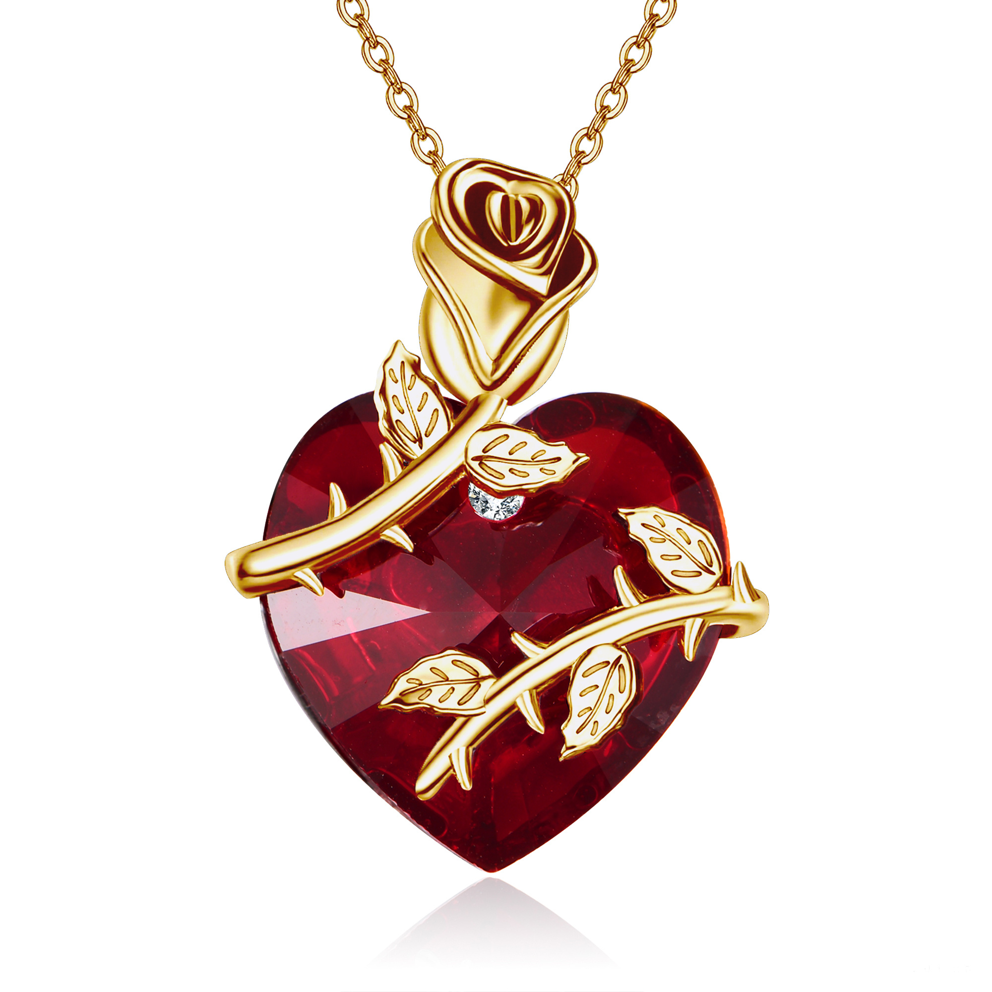 Image of 925 Sterling Silvery Heart Rose Necklace Golden With Synthetic Zirconia, , Gold Plated, Perfect For Valentine's Day & Wear