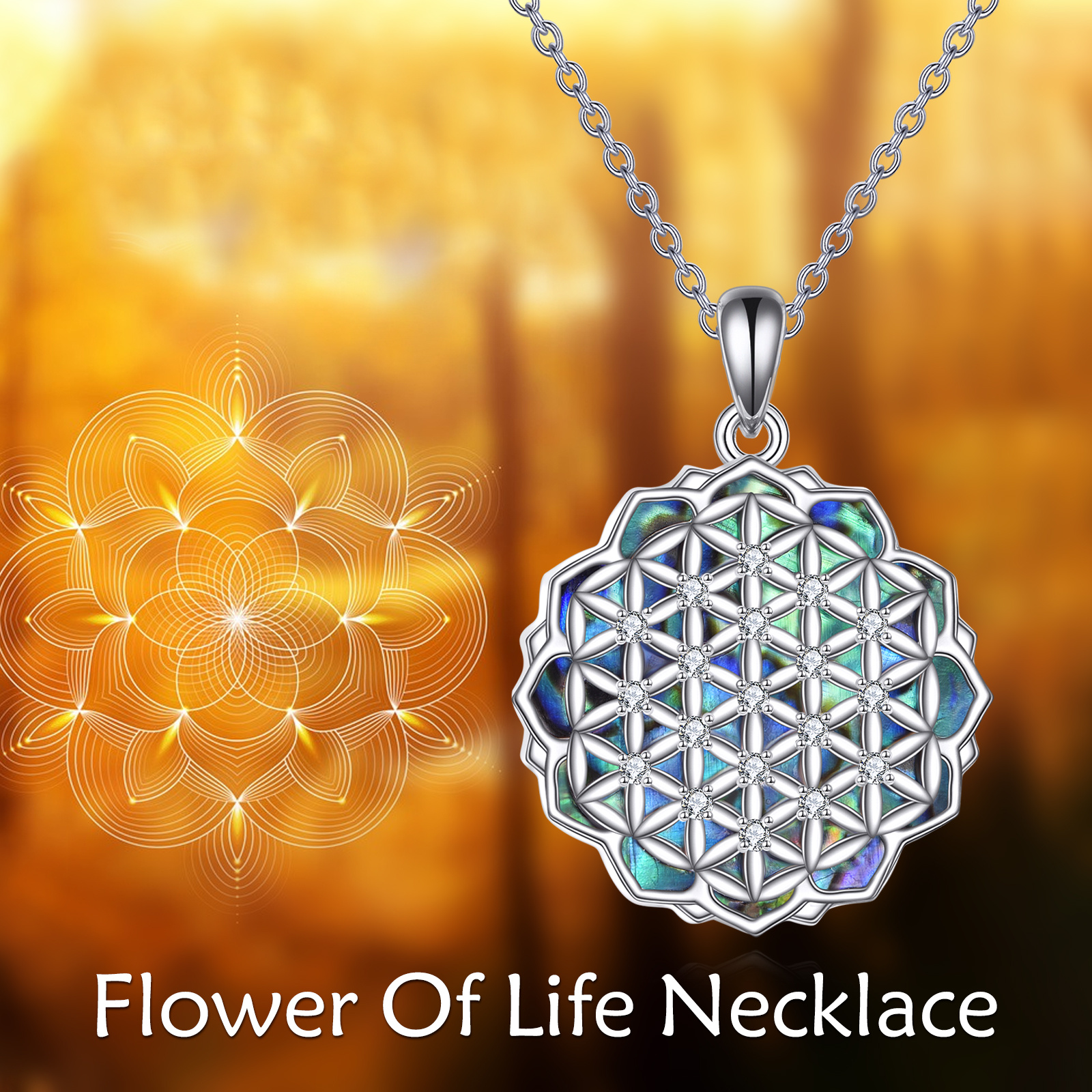 S925 Sterling Silver Flower of Life Necklace with Abalone Shell