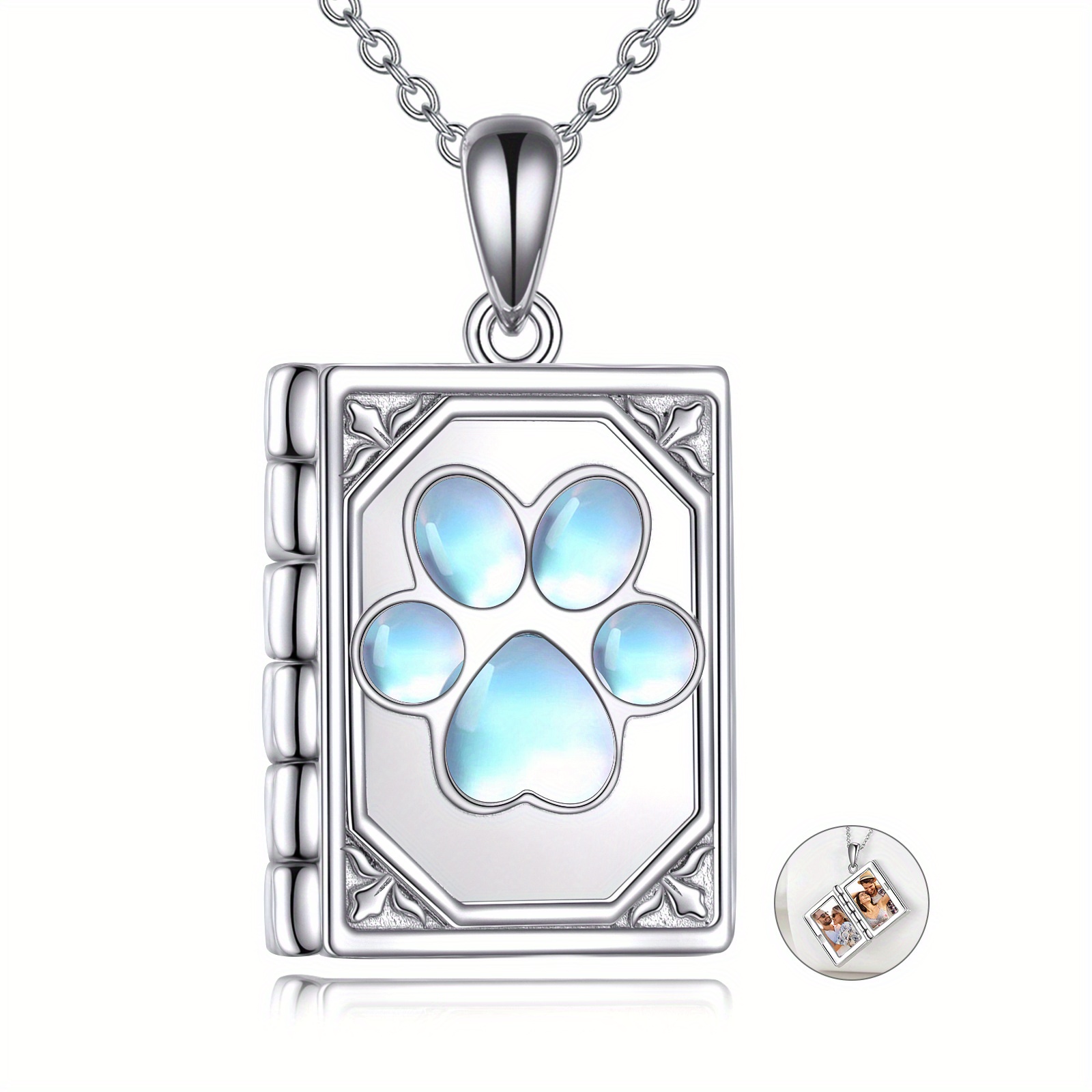 Image of Paw Print Book Love Heart Synthetic Photo Locket Pendant Necklace Charm Sterling Photo Holder Jewelry Gift For Women