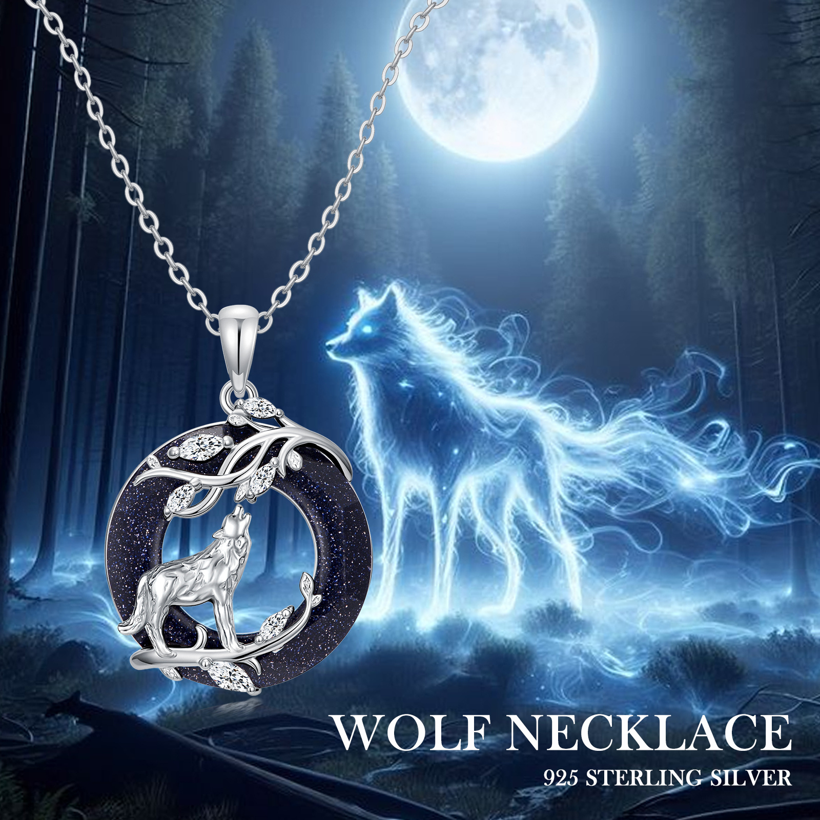 Image of Wolf Necklace 925 Sterling Silvery Purple Sandstone Wolf Pendant Gifts Christmas Birthday Gift For Women