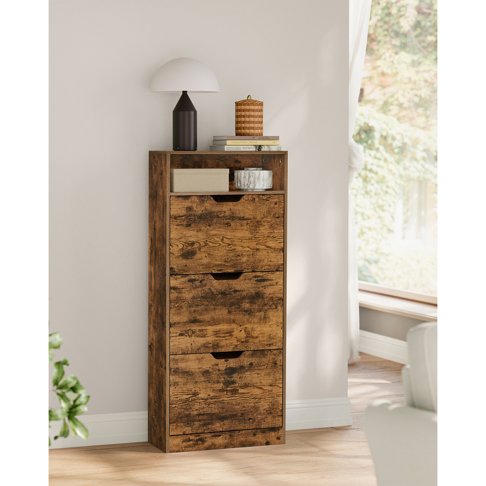 E-shop Schuhschrank mit 3 Fächern, Schuhregal mit offenem Fach und verstellbarem Trenner für 14-18 Paar Schuhe, Flur, 24 x 60 x 139 cm, Vintage