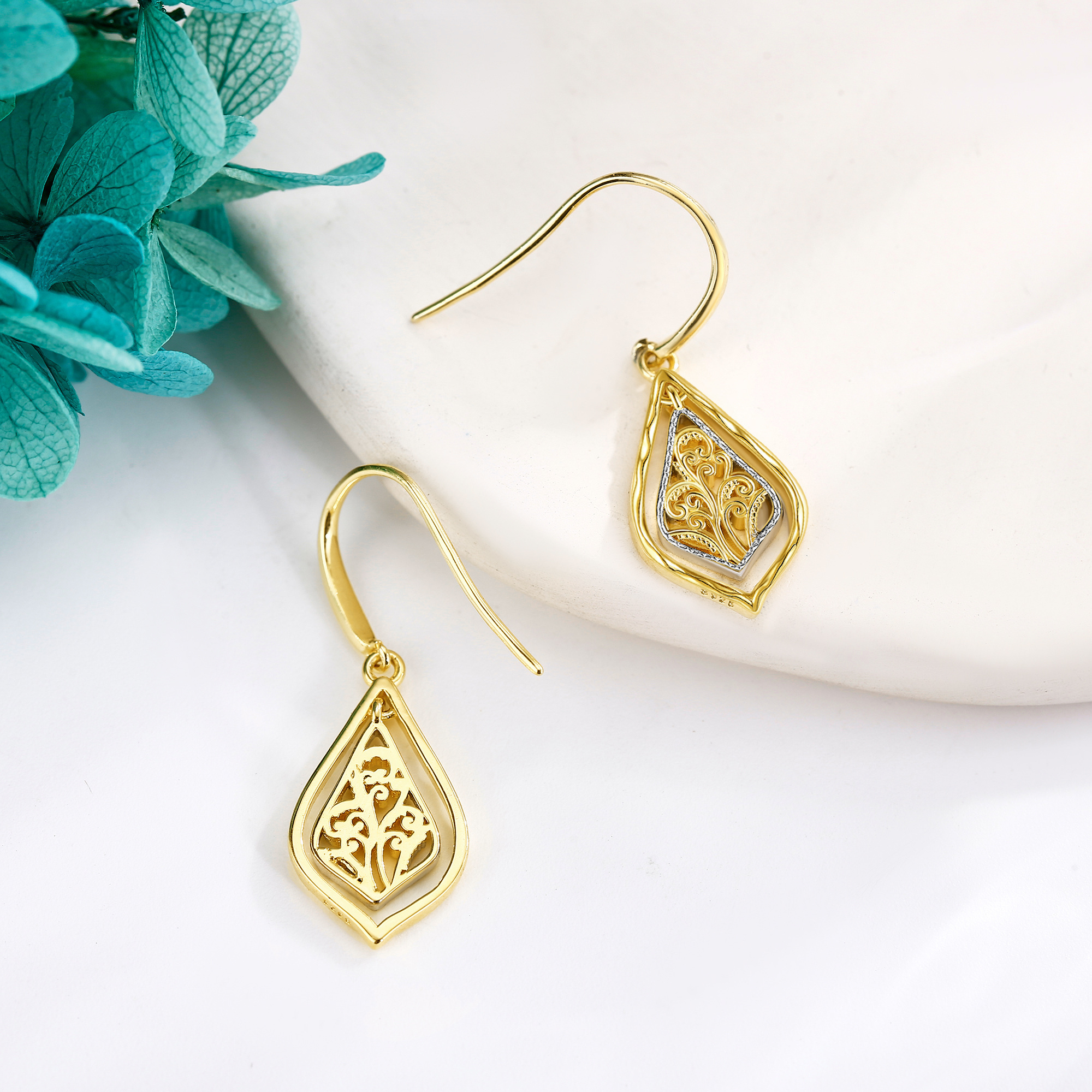 Women's 925 Sterling Silver Two Tone Filigree Dangle Earrings