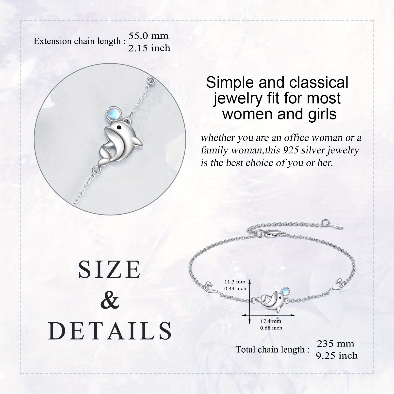925 Sterling Silver Moonstone Dolphin Bracelet for Women
