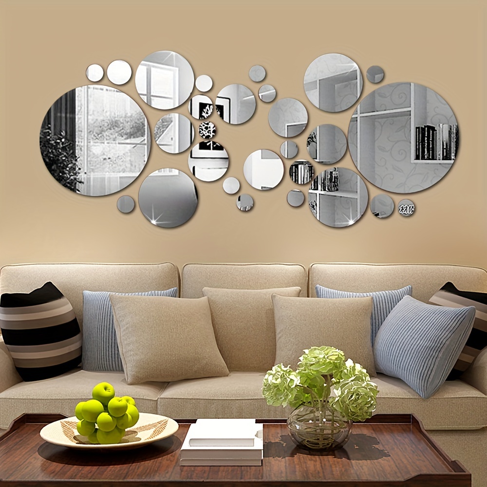 33pcs, Modern Minimalist Three-dimensional Circular Mirror Wall Sticker,  Plastic Mirror Wall Sticker Set Of 33pcs Self-adhesive Acrylic Mirrors, Used