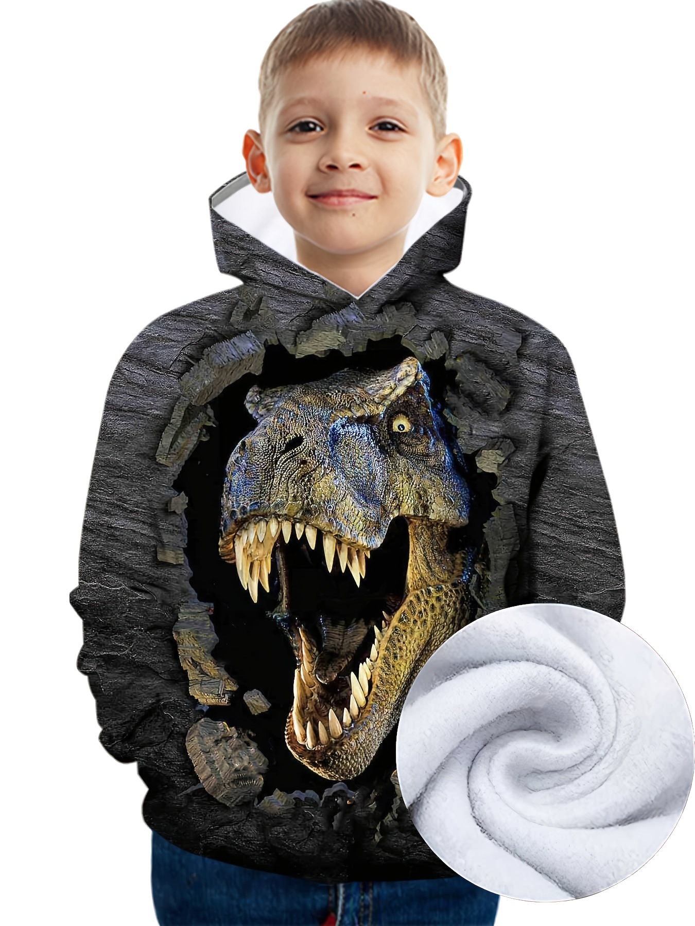 Kid's Dinosaur Print Fleece Jeans, Warm Thermal Denim Pants, Boy's Clothes  For All Seasons