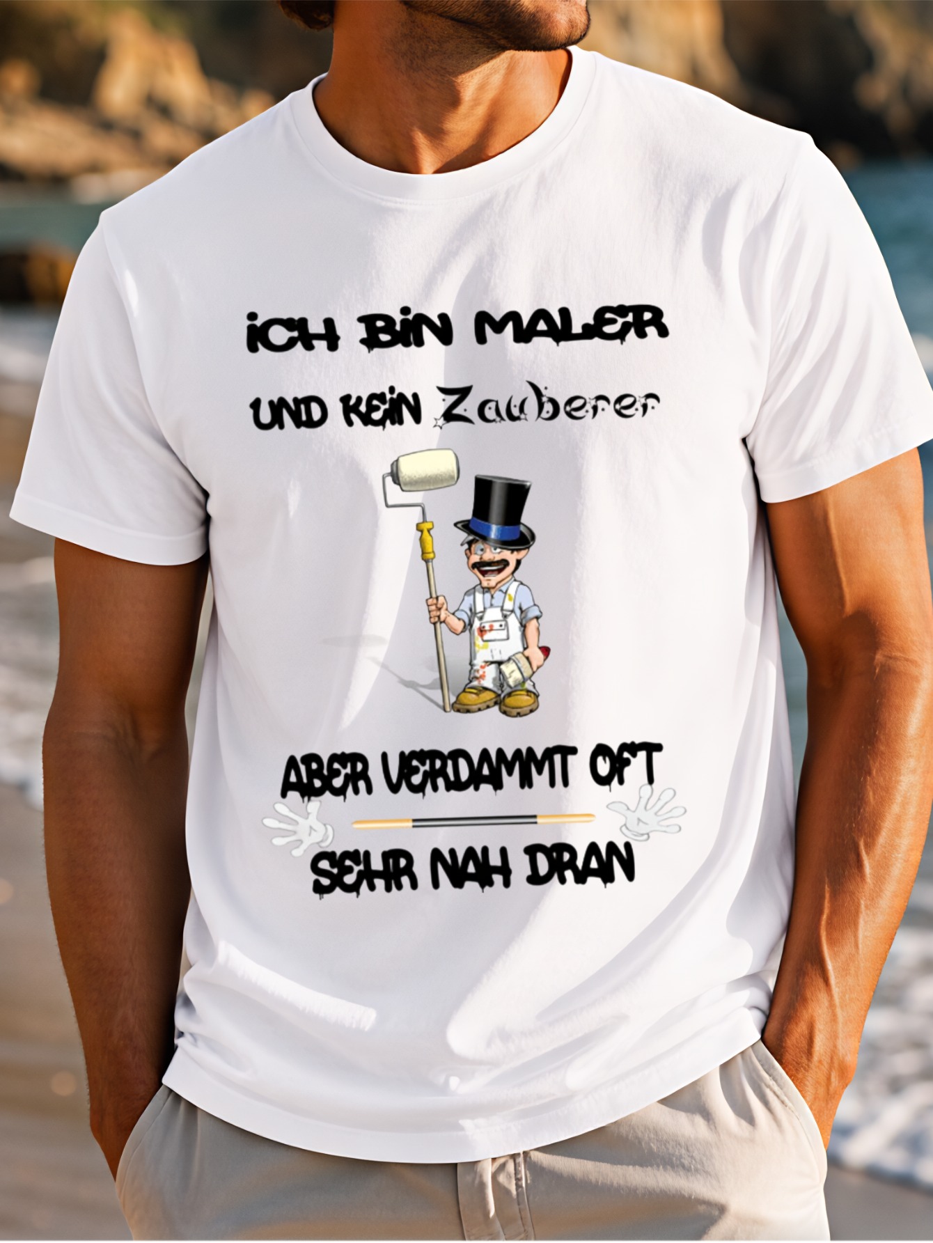 Męska koszulka w rozmiarze plus size 0XL-5XL z humorem malarza, z niemieckim tekstem "Ich Bin Maler", kreskówkowym malarzem z wałkiem i żartem z różdżką, z odważnym, wysokokontrastowym nadrukiem graficznym, ROZMIAR PLUS