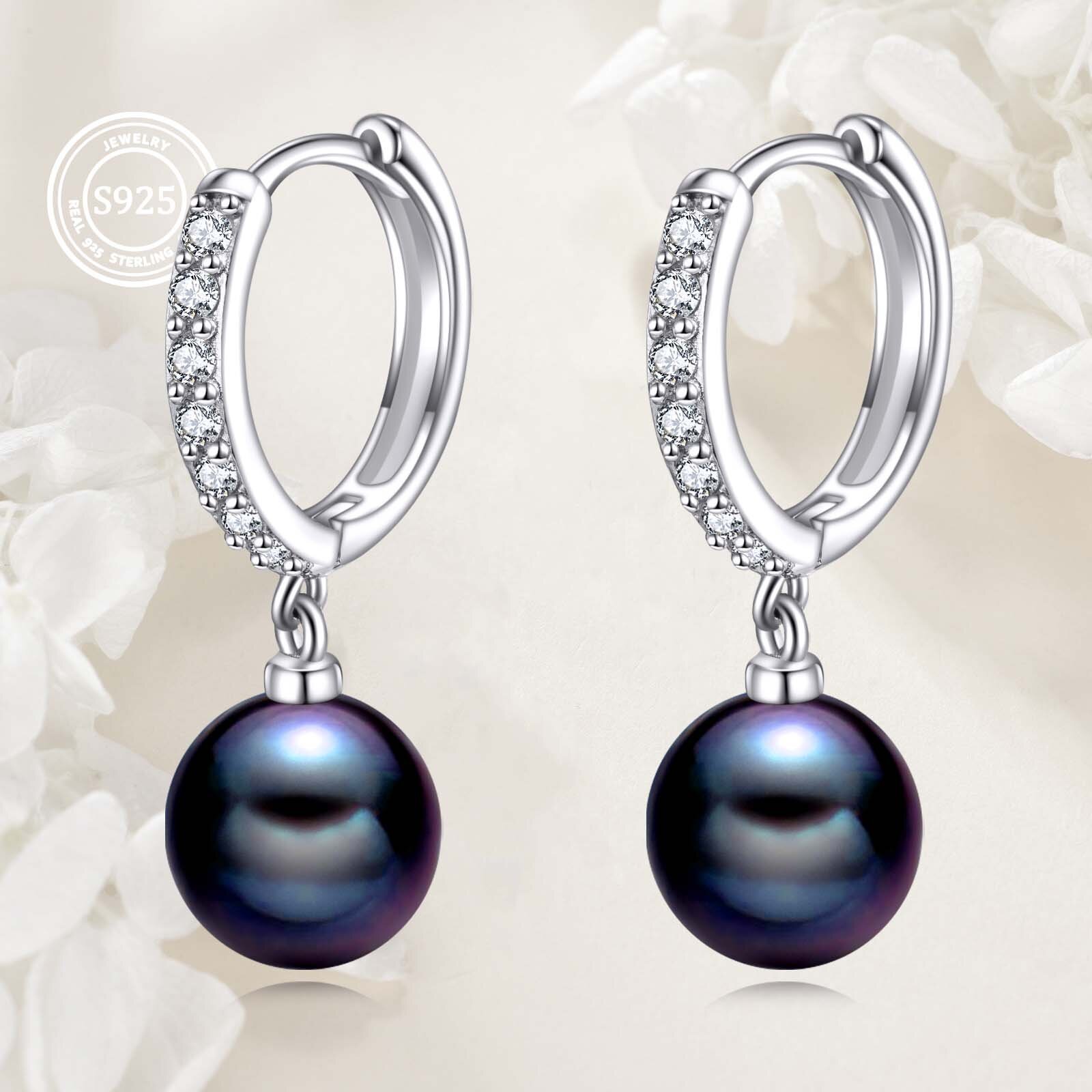925 sterling   synthetic pearl hoop earrings dangle drop jewelry gifts for women black synthetic pearl cz Product details 1