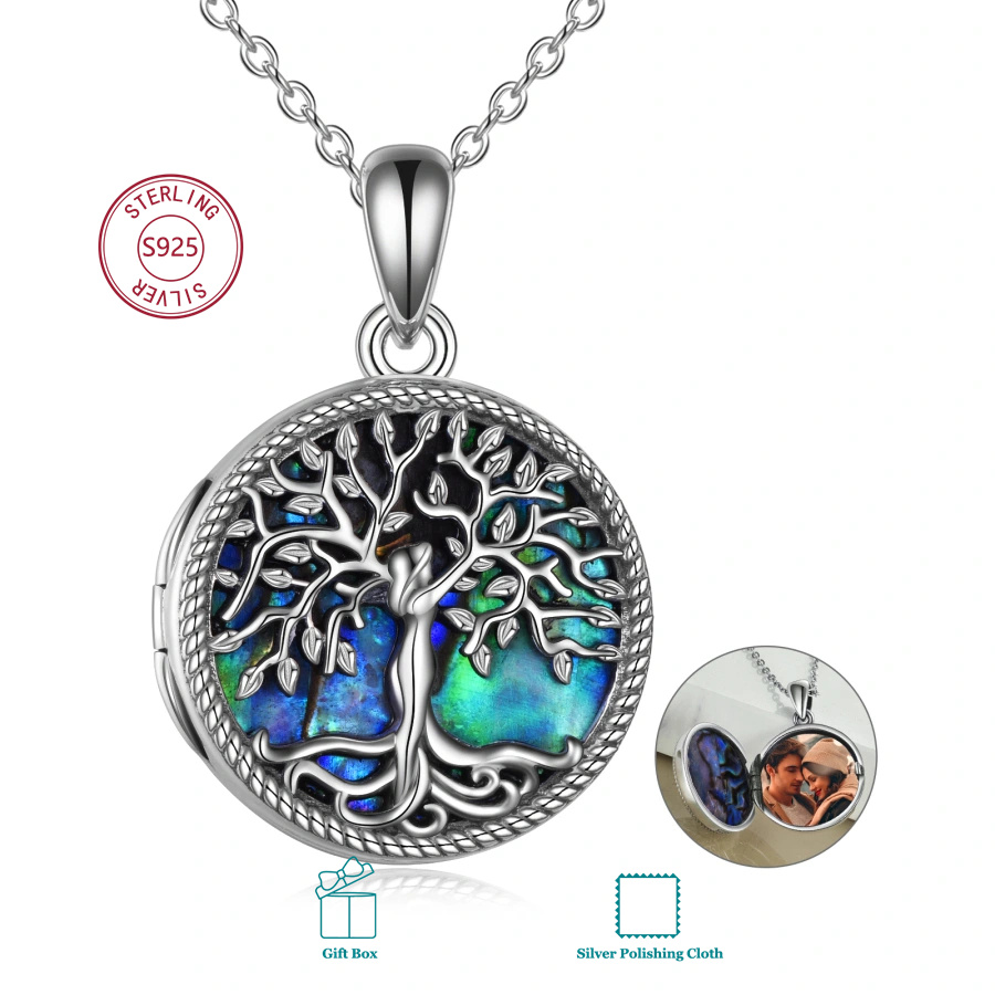 Image of 925 Sterling Silvery Tree Of Life Photo Frame Pendant Necklace With Abalone Shell (photo Insertable) Daily Wear For Men And Women Birthday Gift Valentine's Day Gift