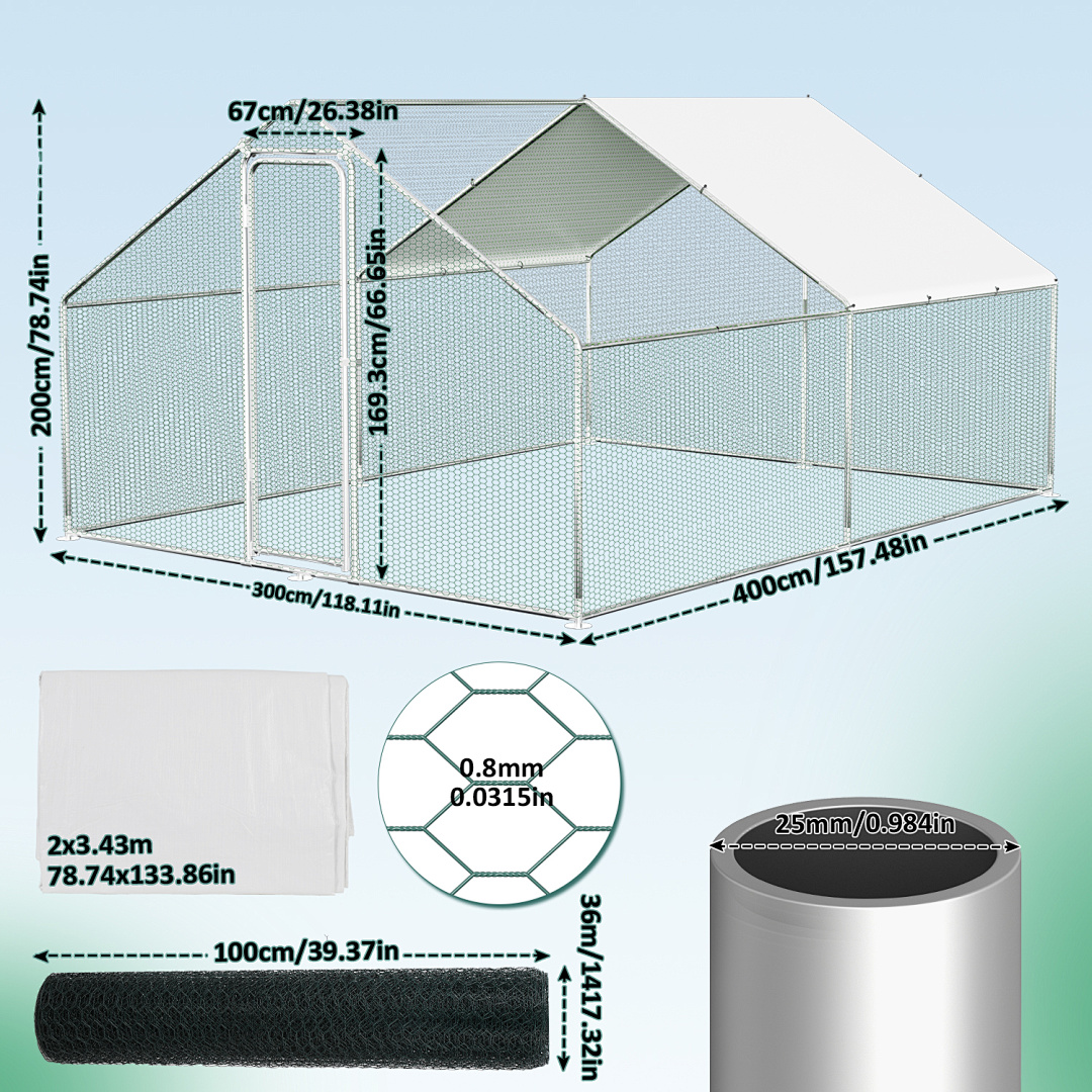 Outdoor Chicken Coop Run With Pe Roof, Galvanized Metal Poultry Enclosure For Backyard Chickens, Multiple Size Options