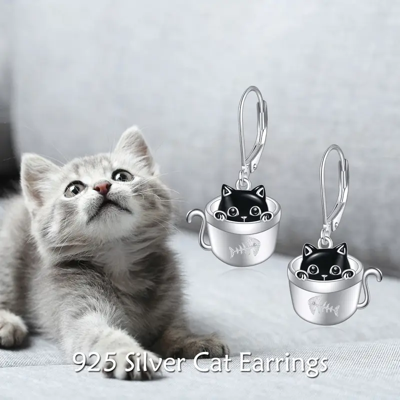 womens cat earrings 925 sterling silvery cup black cat dangle earrings cute animal earrings womens jewelry Product details 4