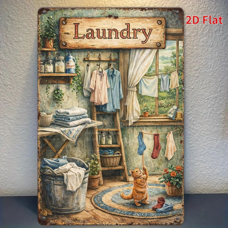 2d Flat - 2d Flat Metal Sign, Decorative Wall Plaque With Laundry Basket And Cat Illustration For Home, Kitchen, And Laundry Room, Modern Decor, Wall Hanging